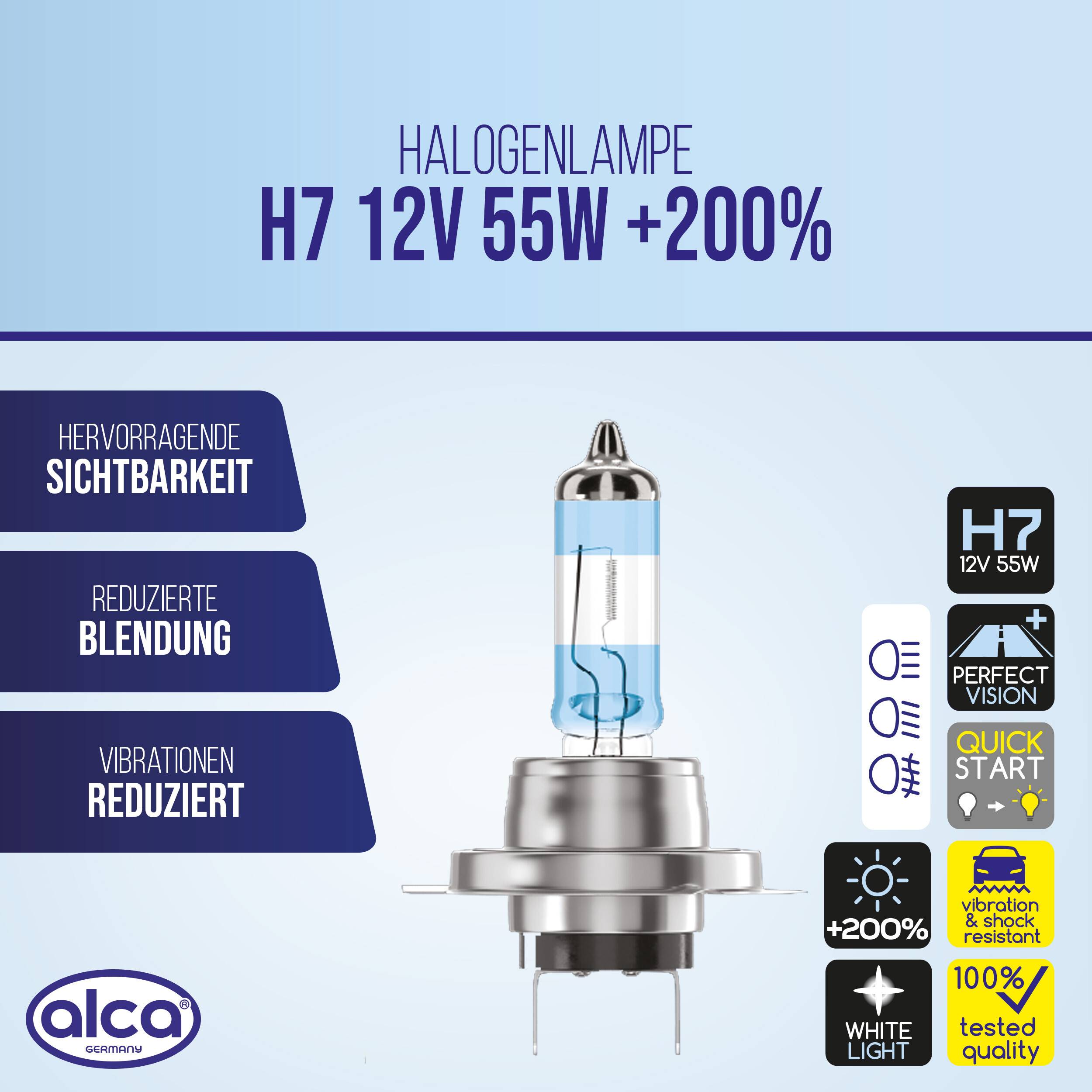 Werbegrafik für eine ALCA H7 12V 55W Halogenlampe mit Darstellung der Glühbirne und folgenden Angaben: bessere Sichtbarkeit, reduzierte Blendung und Vibrationen, +200% Helligkeit, weißes Licht, schneller Start und 100% getestet.