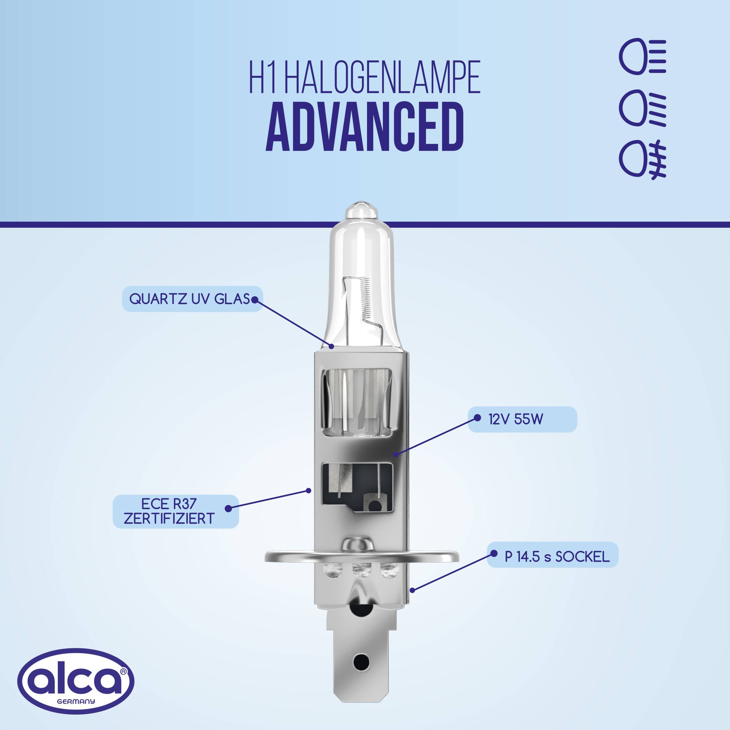 alca® Halogenlampe H1 Fahrzeuglampe Glühbirne Auto Leuchtmittel 12V 55W Sockel: P14.5s