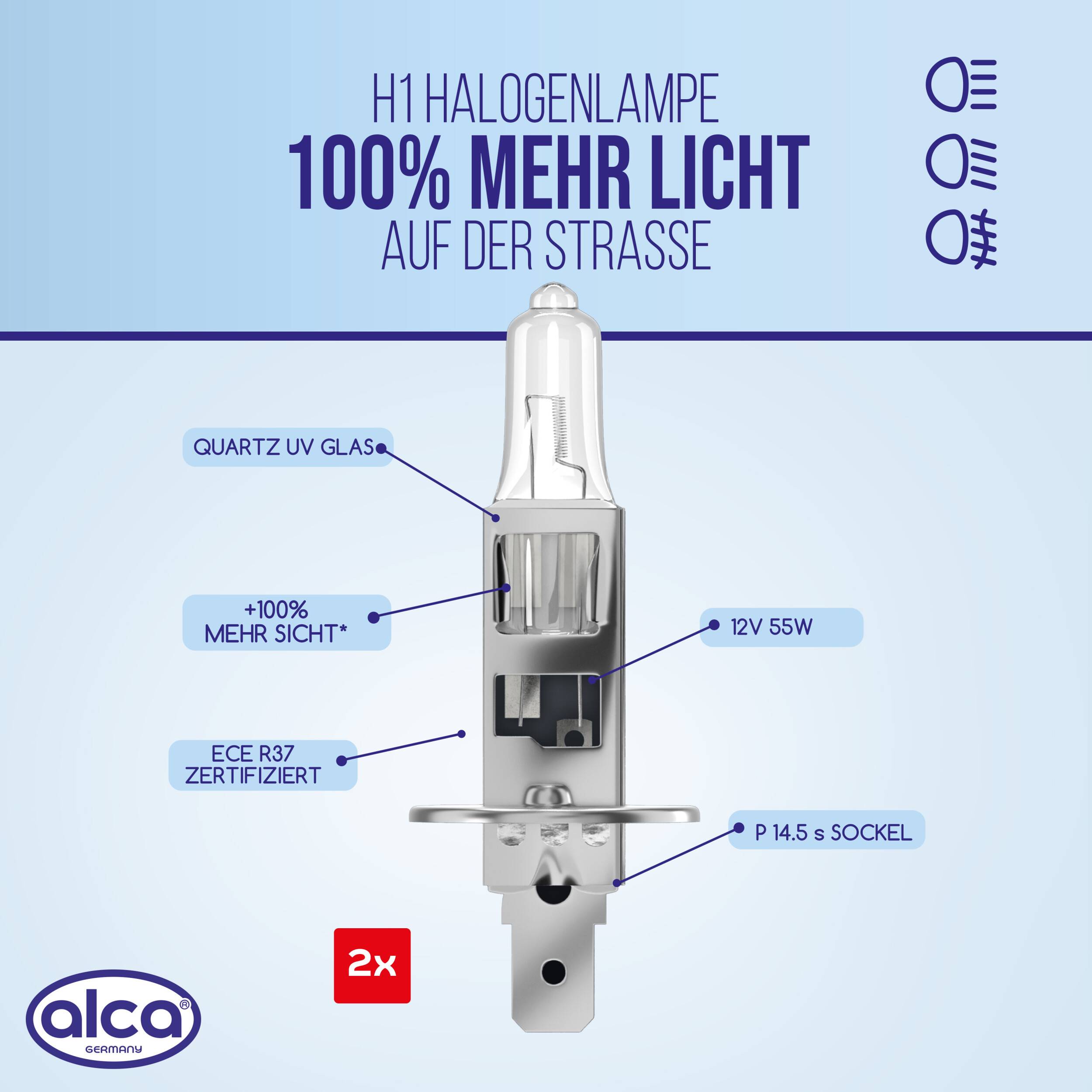 alca® Halogenlampe H1 100% mehr Licht Glühbirne Fahrzeuglampe Auto Leuchtmittel 12V 55W Sockel: P14.5s 2 Stück