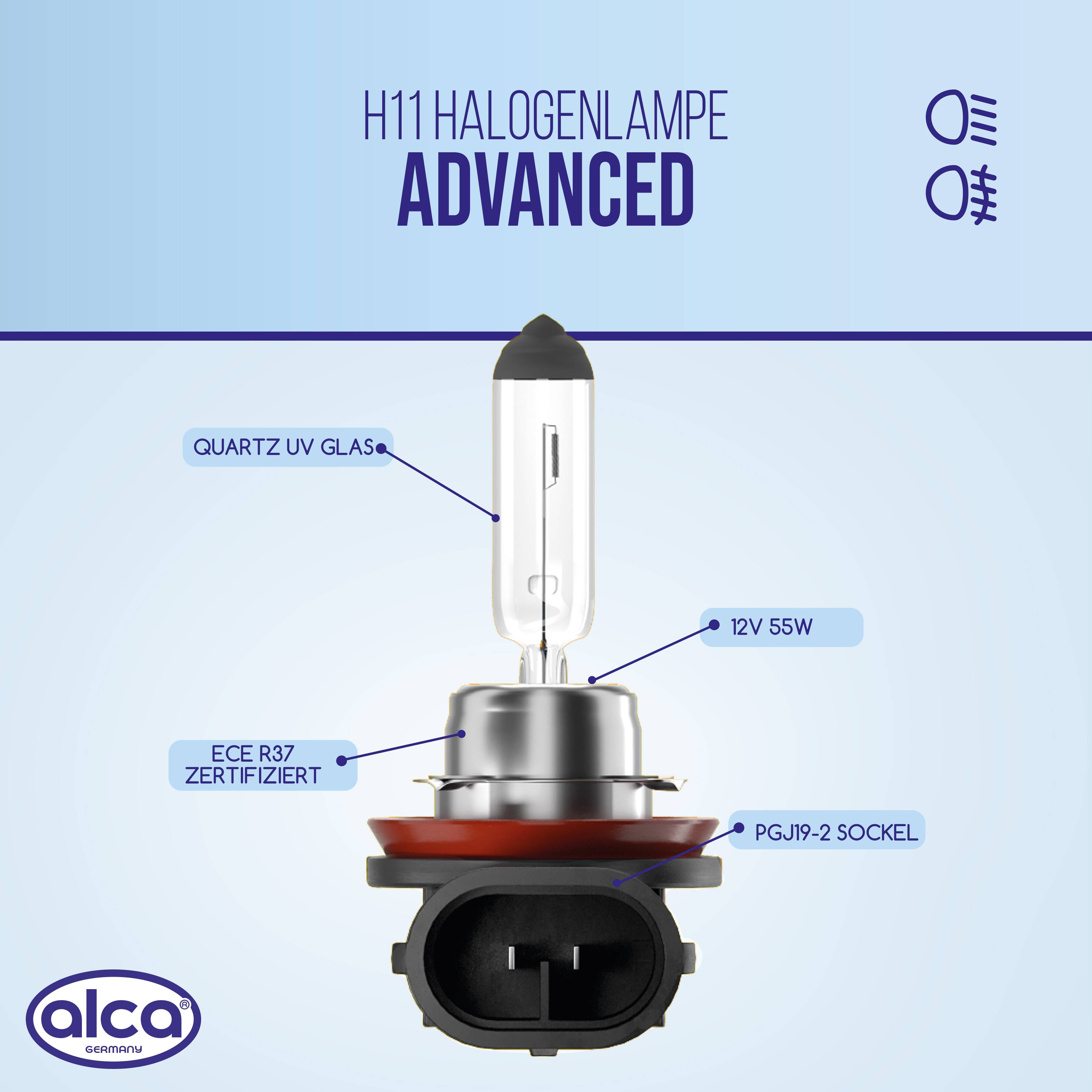 alca® Halogenlampe H11 Fahrzeuglampe Glühbirne Auto Leuchtmittel 12V 55W Sockel: PGJ19-2