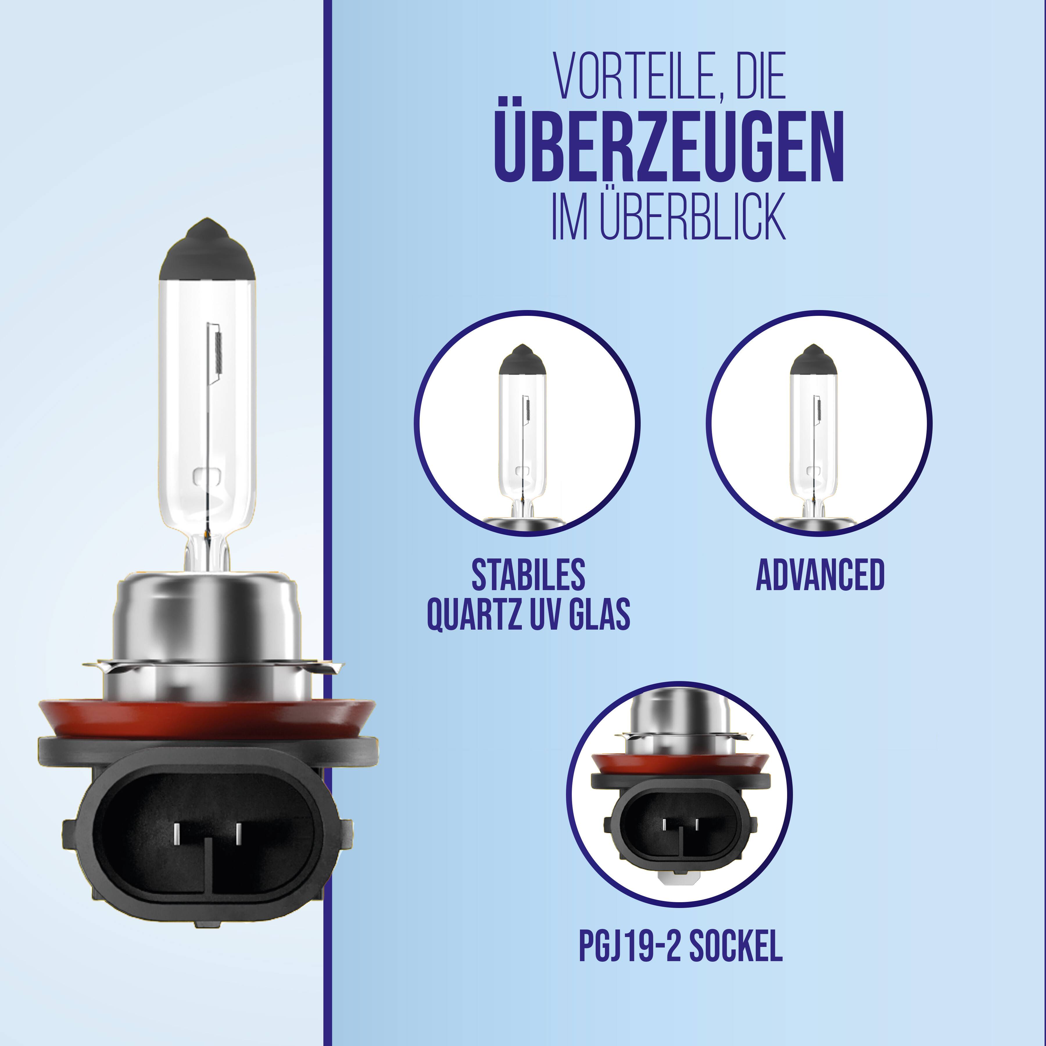 Eine Nahaufnahme einer Autolampe mit Fokus auf die Merkmale: stabiles Quarz-UV-Glas und fortschrittliche PGJ19-2-Fassung. Deutscher Text oben.