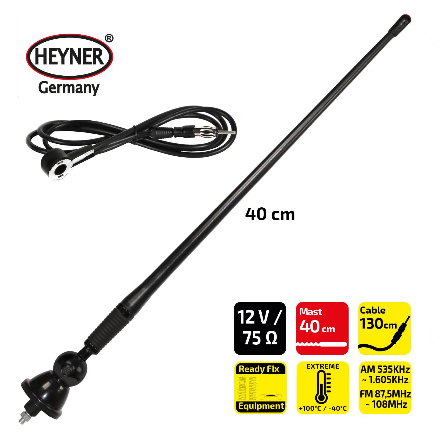 HEYNER® Dachantenne 20 cm kurz für klaren Radioempfang in Ihrem Fahrzeug Bruchsicherer Gummi-Antennenstab mit 40 cm