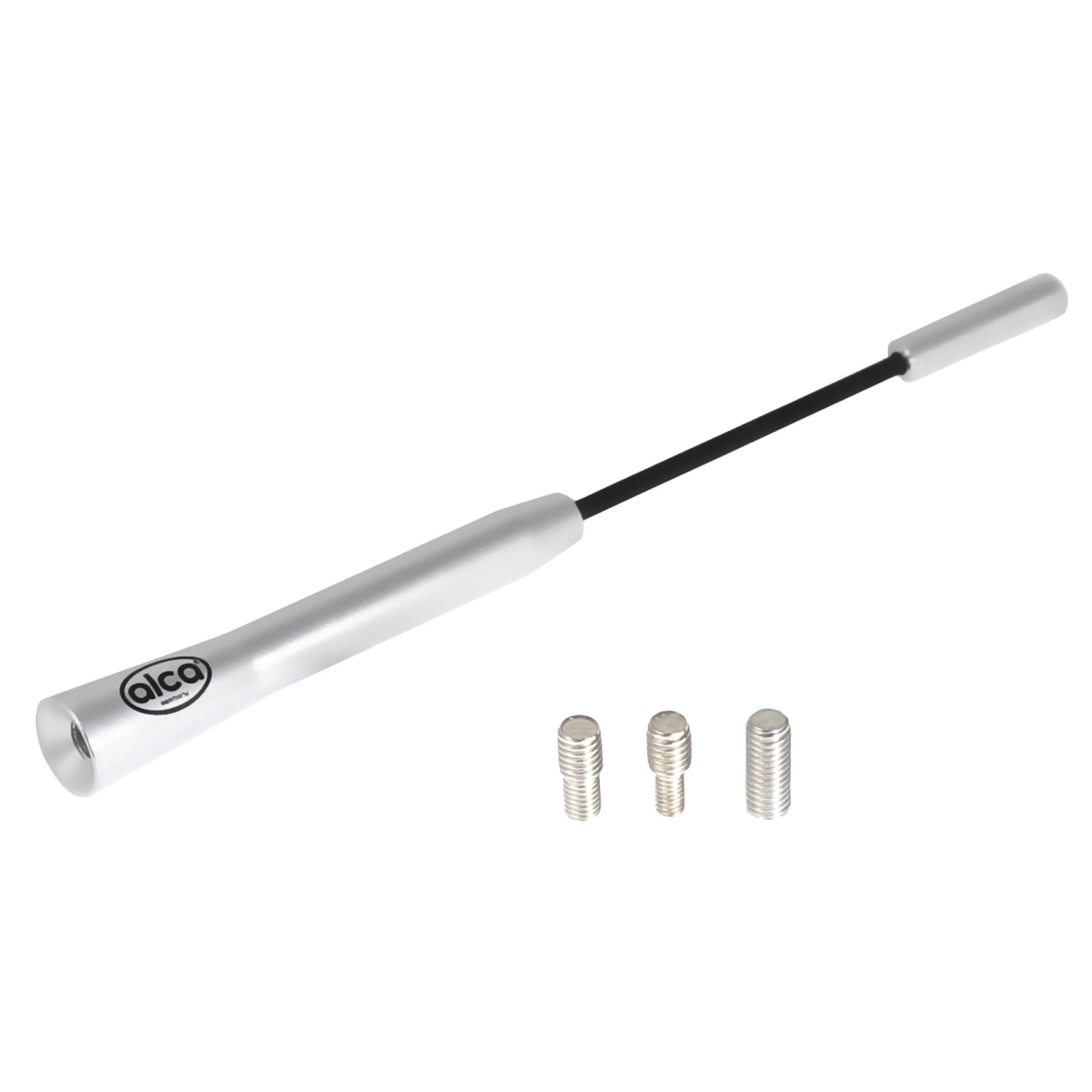 Silberne Teleskopantenne mit drei Metallschraubadaptern, mit der Bezeichnung 
