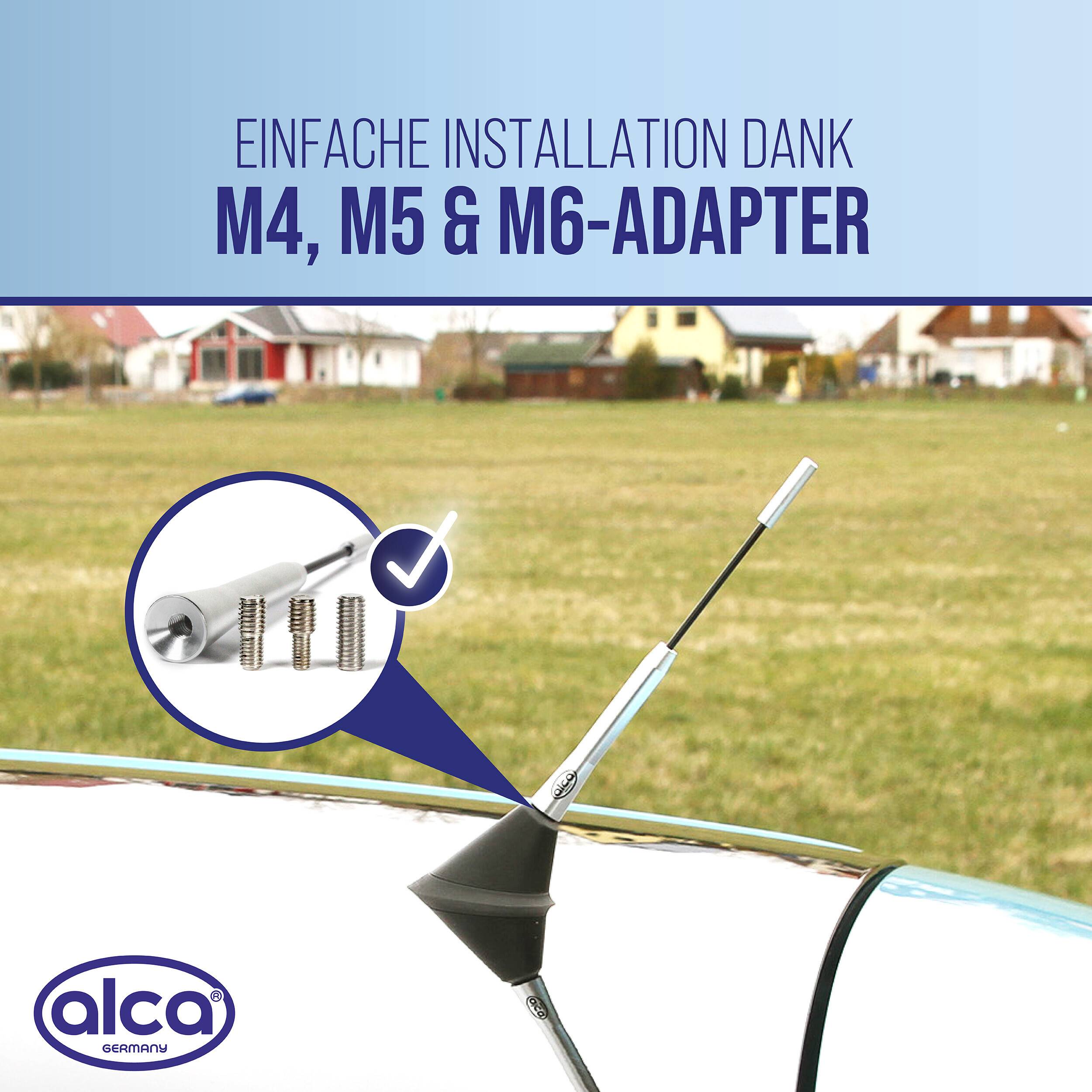 Werbebild mit einer Alca Germany Antenne und einer Nahaufnahme von M4-, M5- und M6-Adaptern sowie dem Text „Einfache Installation dank M4, M5 & M6-Adapter