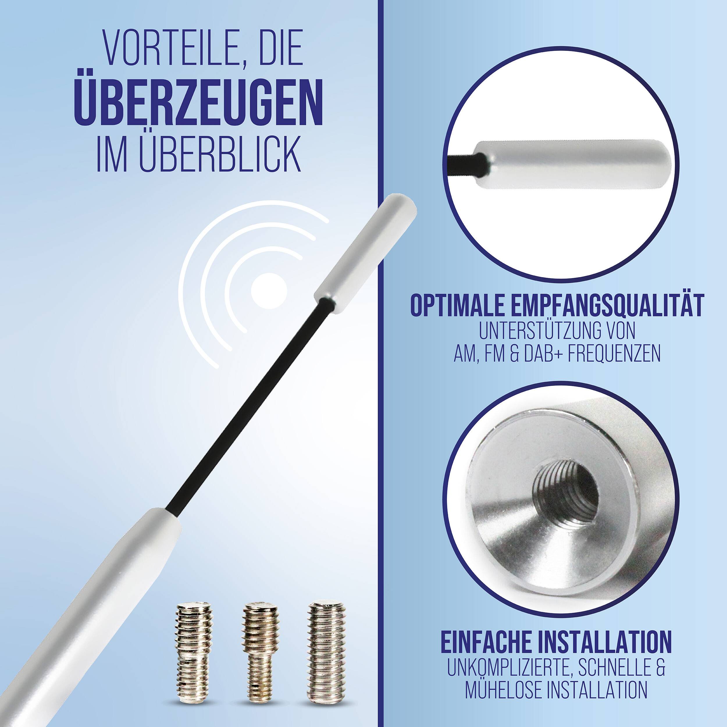 alca® Dachantenne, kurzer Ersatzstab für Ihr Auto, AM/FM-Betrieb für M4, M5 & M6 Gewinde, in silber-schwarz