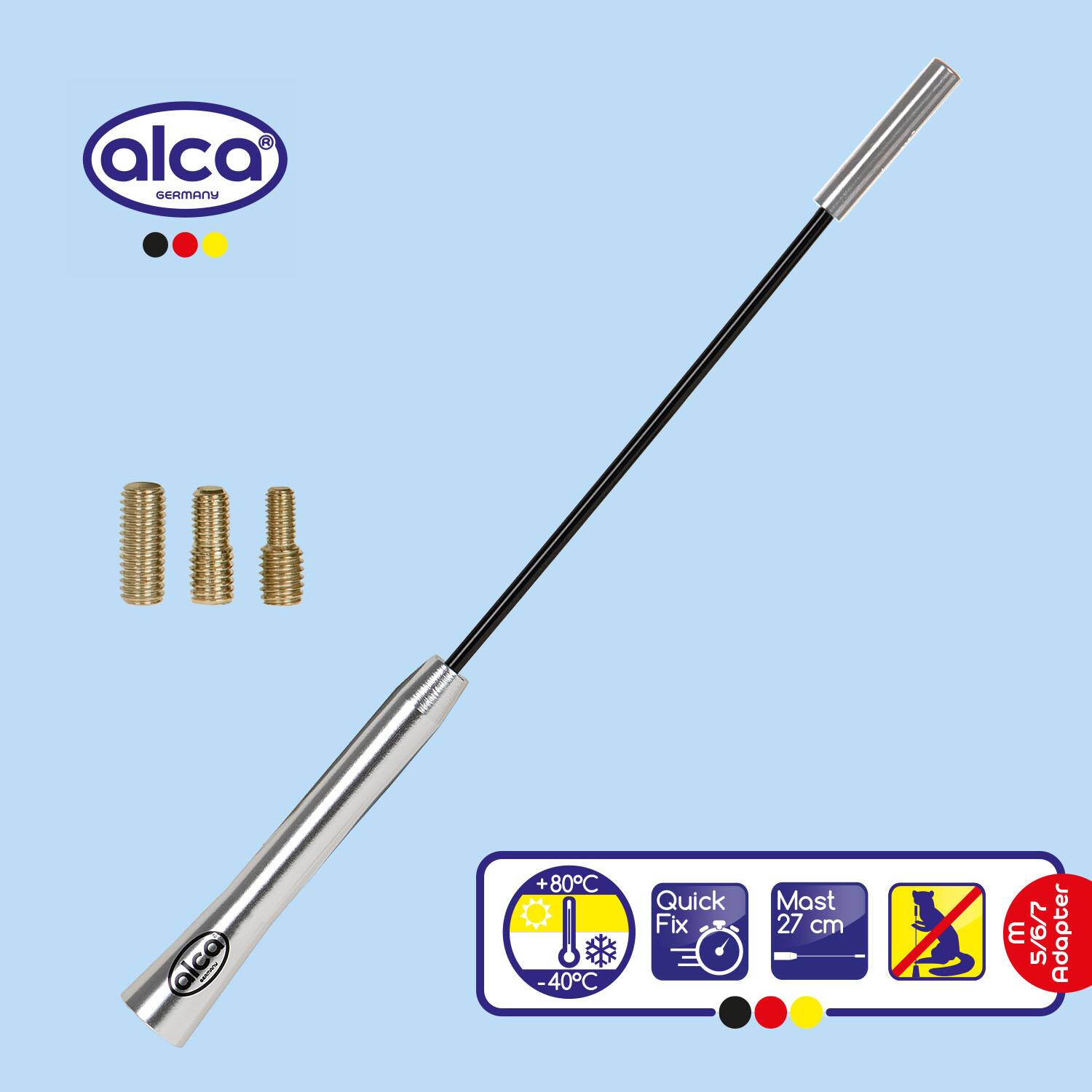 Alca Germany' Silber-Autoantenne mit Adapterset. Merkmale: Schnelle Montage, temperaturresistent von -40°C bis +80°C. Länge: 27 cm.