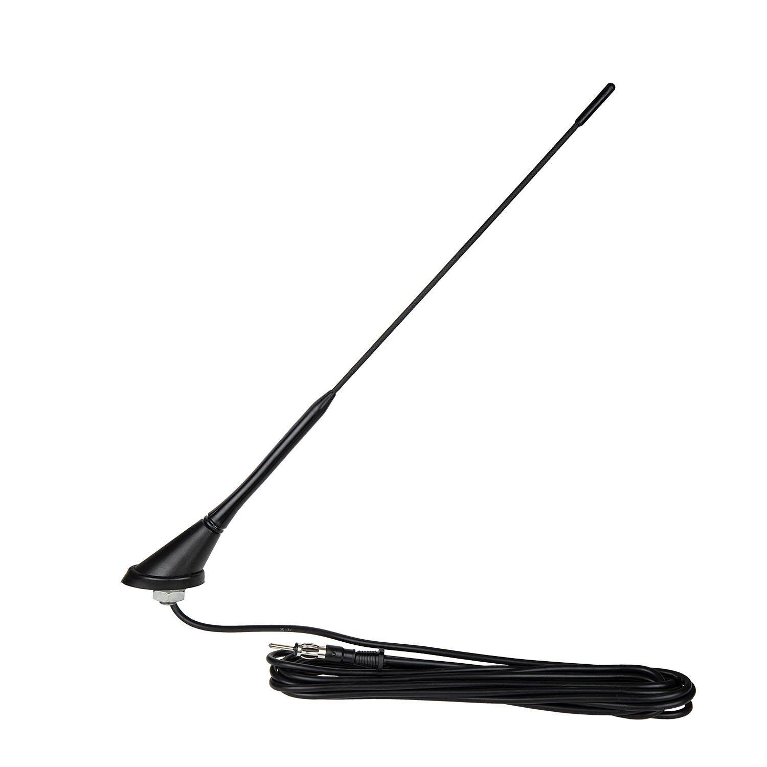 Eine schwarze Autoantennen mit einem langen flexiblen Stab und einem aufgerollten Kabel, das zur Verbesserung des Rundfunkempfangs in Fahrzeugen verwendet wird.
