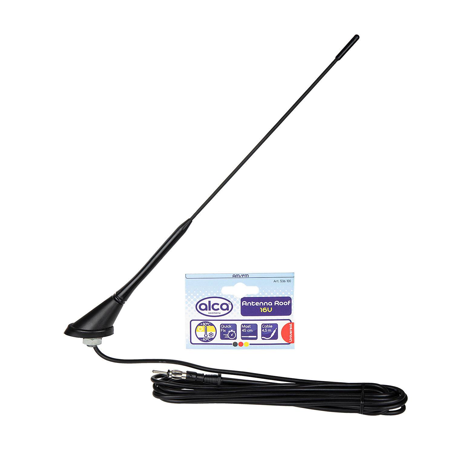Schwarze Antenne mit einem langen Stab, an einer Basis befestigt, einschließlich Kabel und Stecker; Verpackung mit der Bezeichnung „alca Antenna Roof 19V.