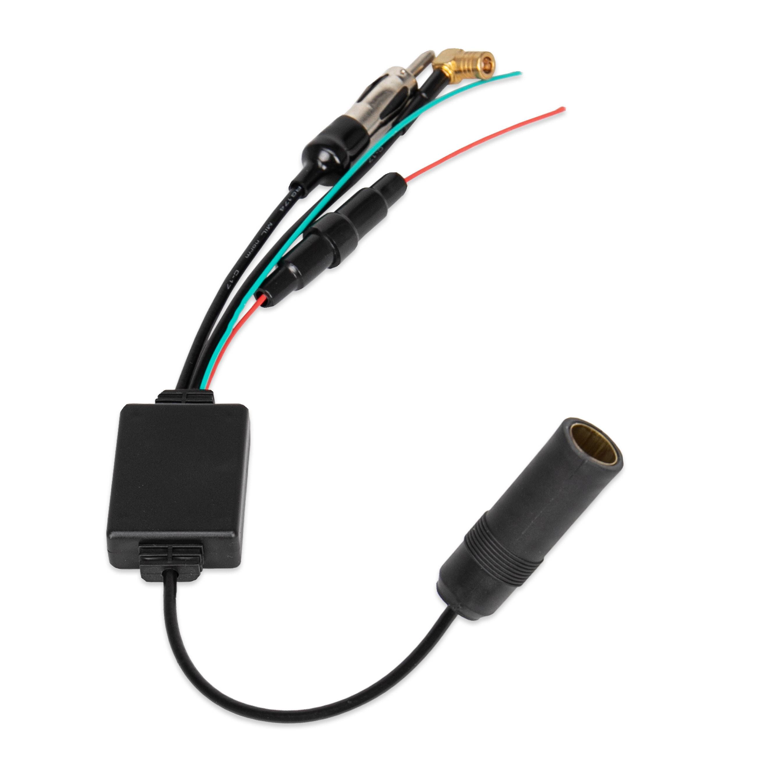 Schwarzes Adapterkabel mit kleiner Steuerbox, drei farbcodierte Leitungen und einem zylindrischen Verbindungsstecker auf weißem Hintergrund.