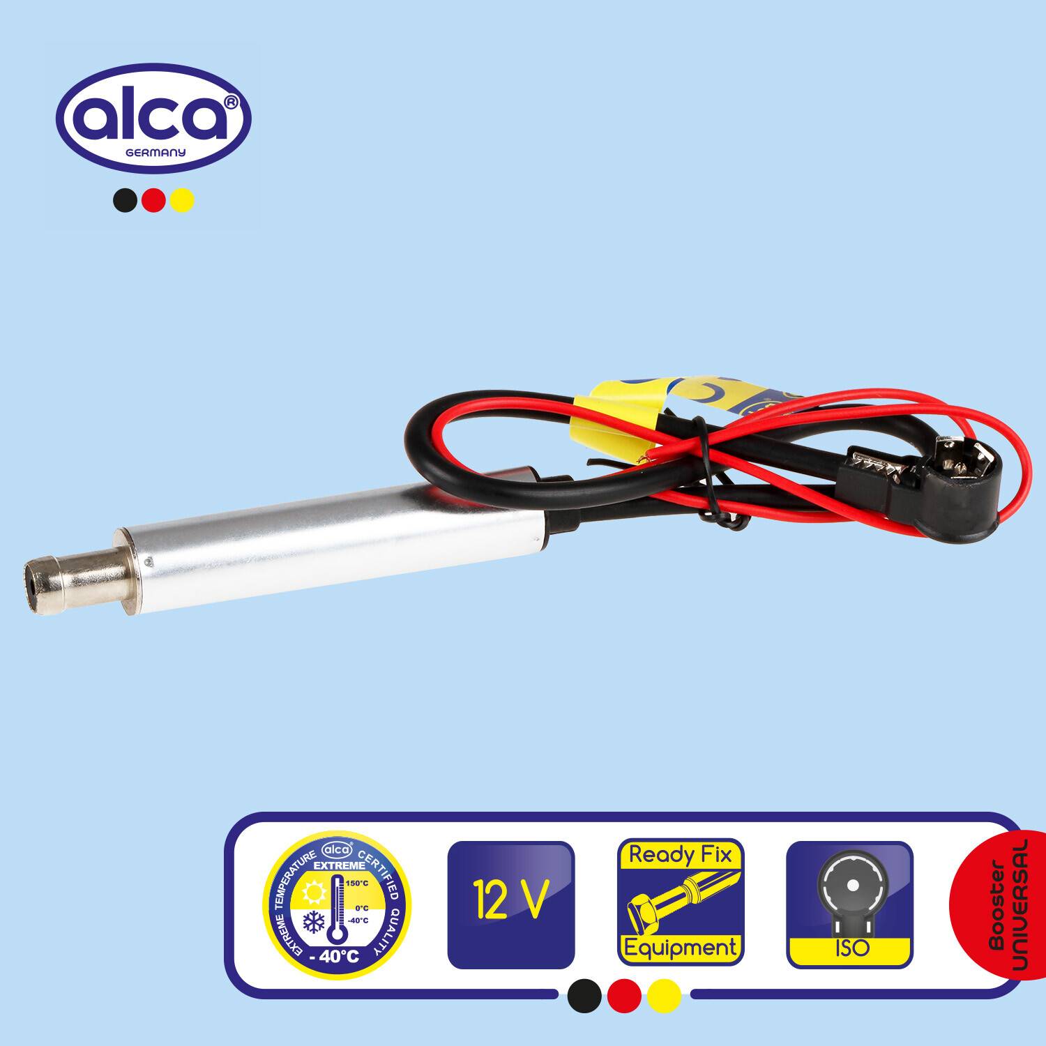 Produktfoto einer 12V alco Seaman Booster Ready-Fix-Ausrüstung, die einen silbernen zylindrischen Heizer mit angebrachten roten und schwarzen Kabeln sowie ISO-, -40°C- und Booster-Etiketten zeigt.