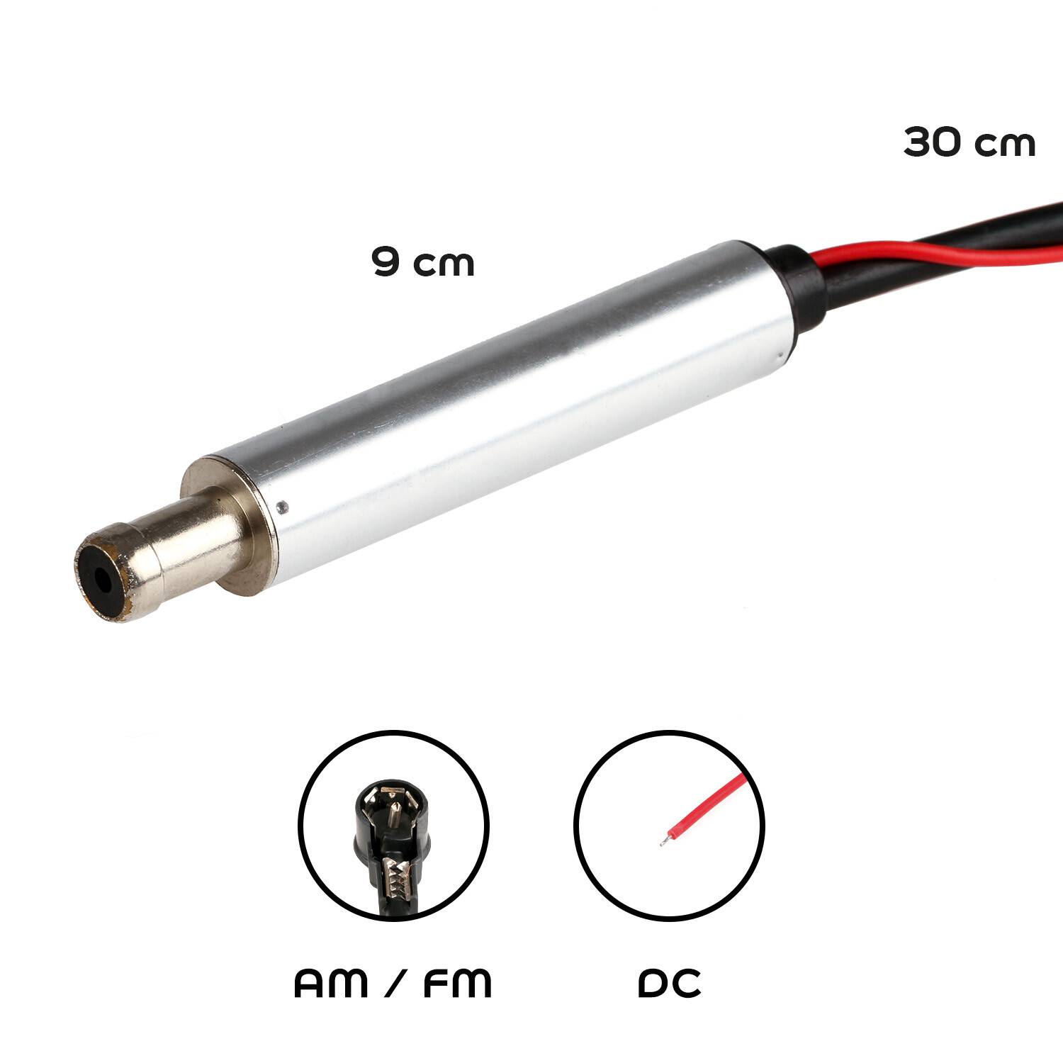 Silberner zylindrischer AM/FM-Gleichstrom-Pumpen- oder -motor mit Drähten, beschriftet 9 cm lang und 30 cm Kabel, mit Nahaufnahmen des Steckers darunter.