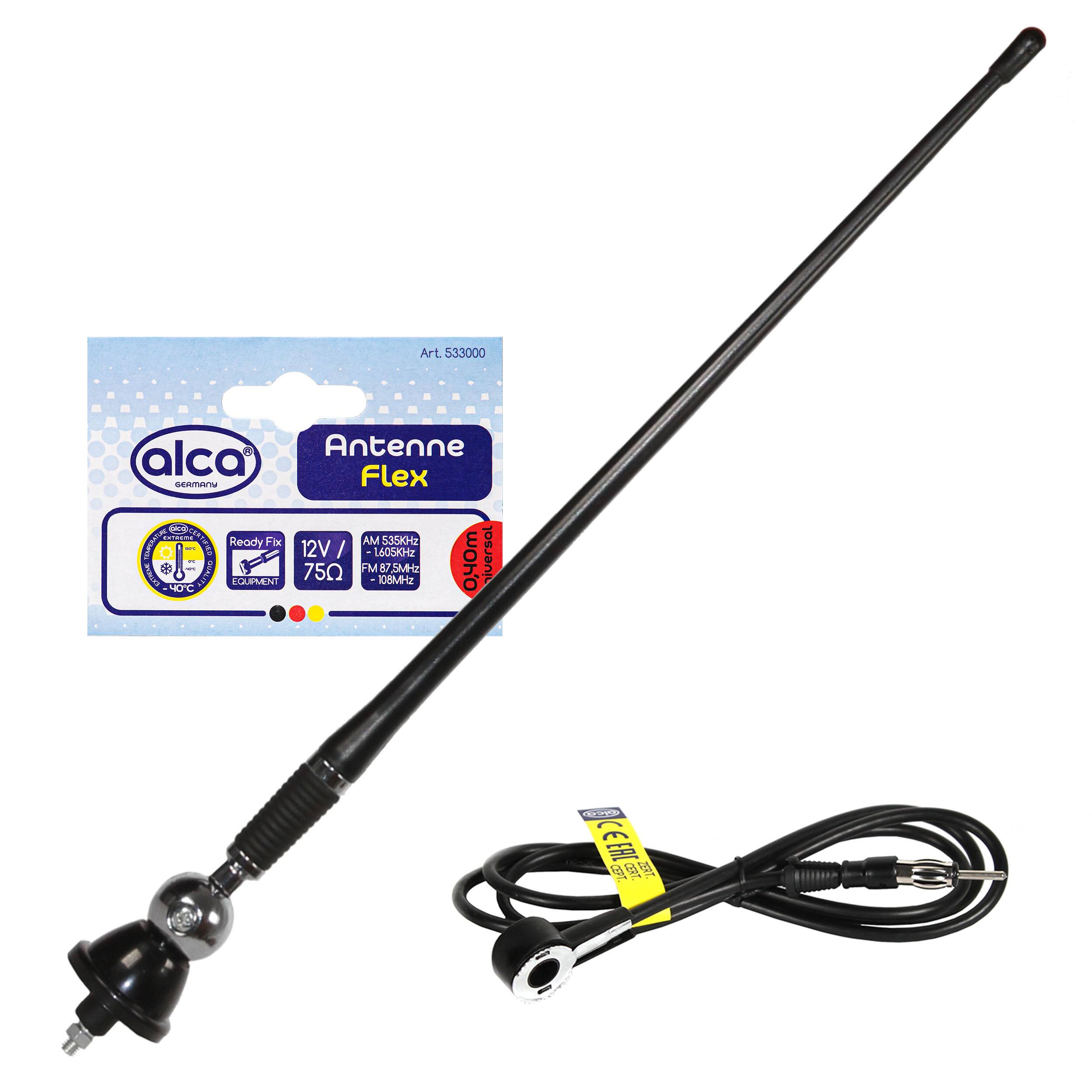 Autoantennen, Alca Antenne Flex, 12V, 75cm, Art. 533000, inklusive Montagekabel und Zubehör, Verpackung mit Produktdetails abgebildet.