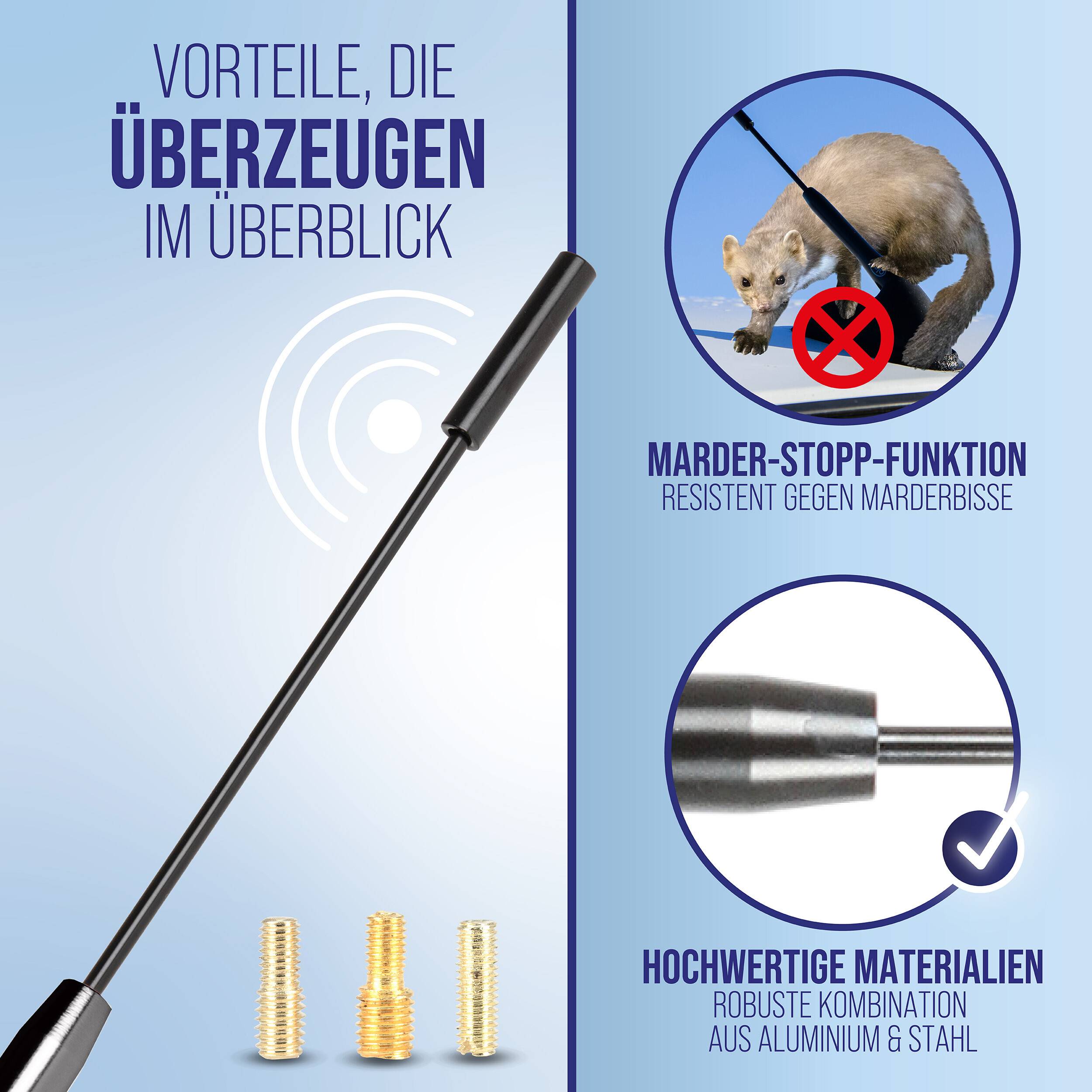 Werbegrafik für ein Nagetierabwehrgerät, das einen Metallstachel mit Vorteilen zeigt: Marderstoppfunktion gegen Bisse und langlebige Aluminium- und Stahlmaterialien.