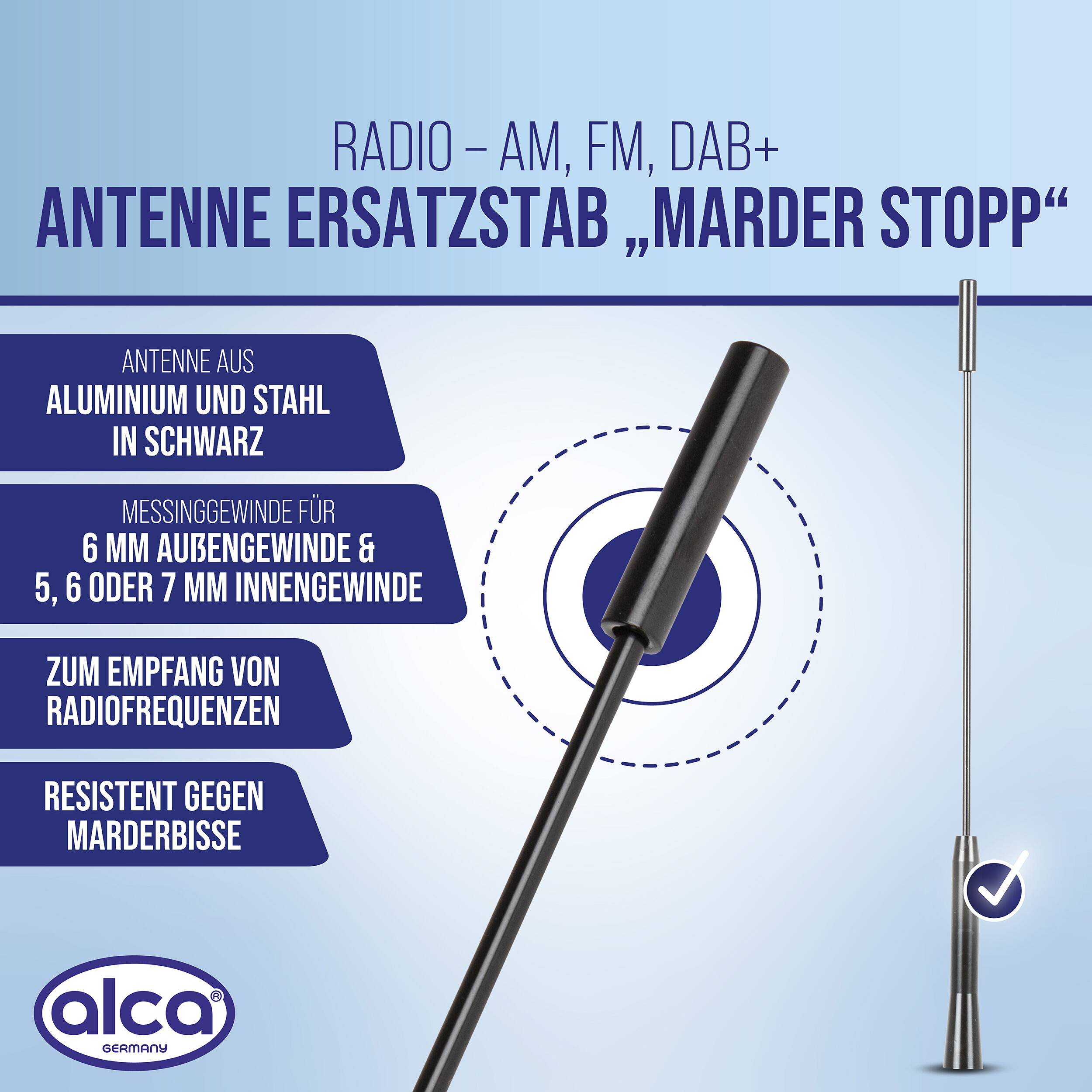 Werbegrafik für 'Antenne Ersatzstab Marder Stopp' Funkantenne-Ersatz: schwarzer Aluminium-/Stahlstab für AM, FM, DAB+, mit 6-mm- und 7-mm-Gewinde, resistent gegen Marder.