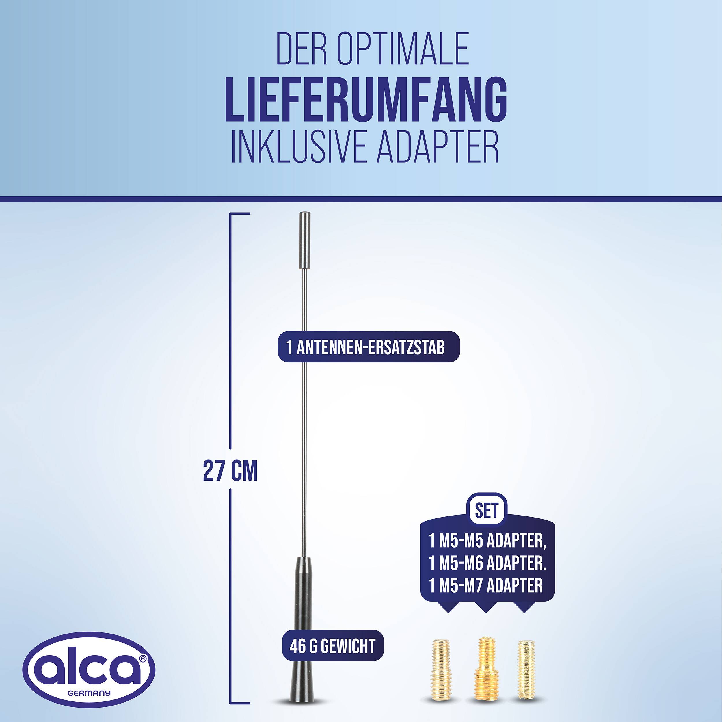 Deutsches Infografik zur optimalen Paketinhalt: 1 Antennenaustauschstab, 27 cm lang, 46 g, mit Adaptern M5-M5, M5-M4 und M5-M7.