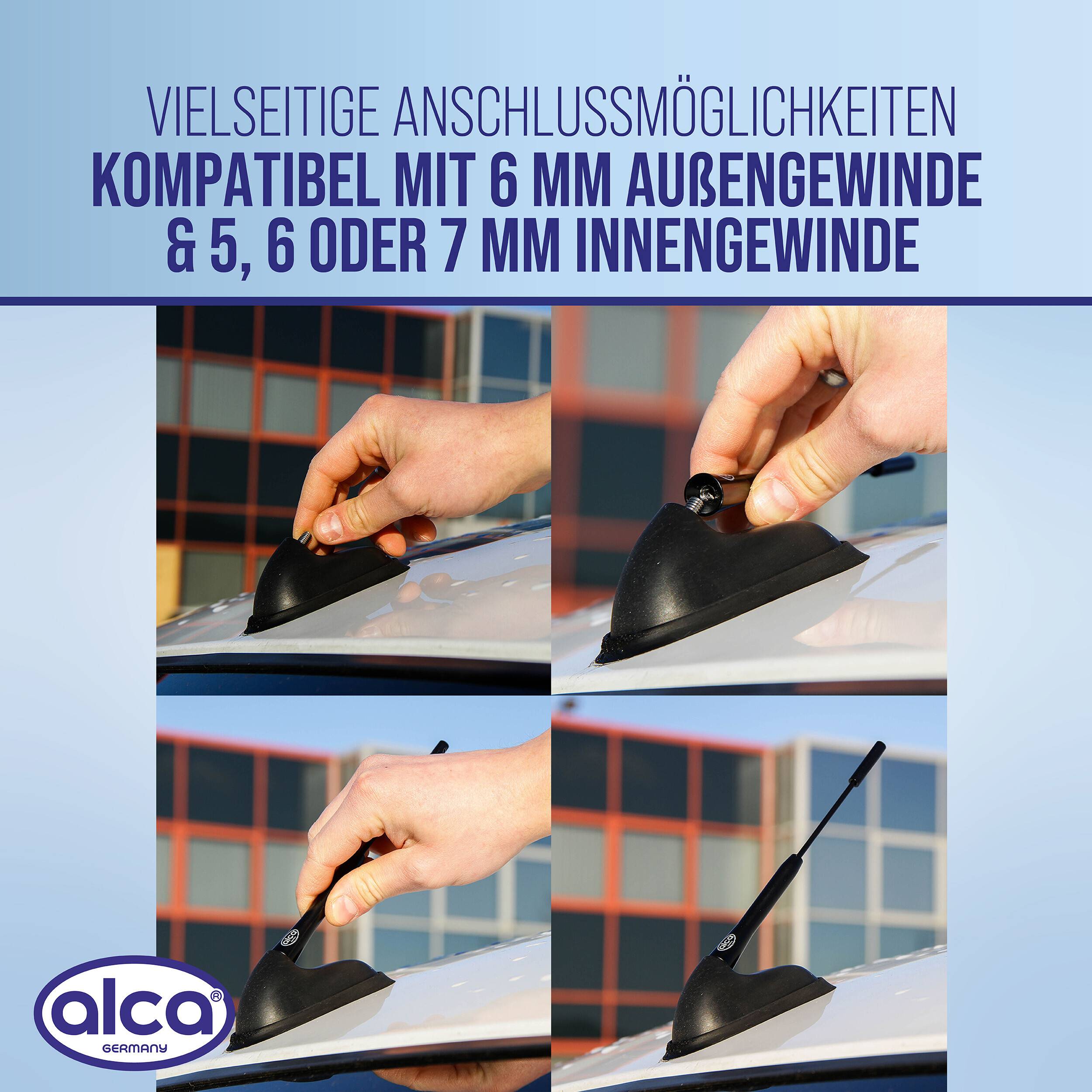 Produktgrafik zeigt eine Autodachantennen-Basis, die in vier Schritten montiert wird; deutscher Text besagt, dass sie vielseitige Anschlüsse hat, kompatibel mit 6 mm Außengewinde und 5, 6 oder 7 mm Innengewinden.