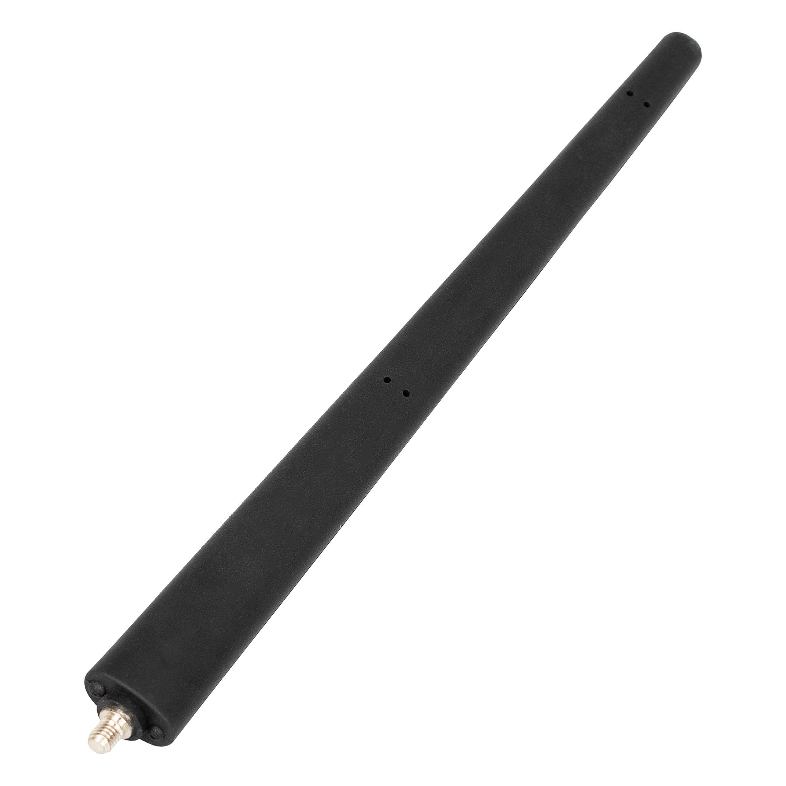 Eine schwarze, zylindrische Antenne mit einem Metallstecker an einem Ende, wahrscheinlich zur Signalübertragung oder zum Signalempfang verwendet.