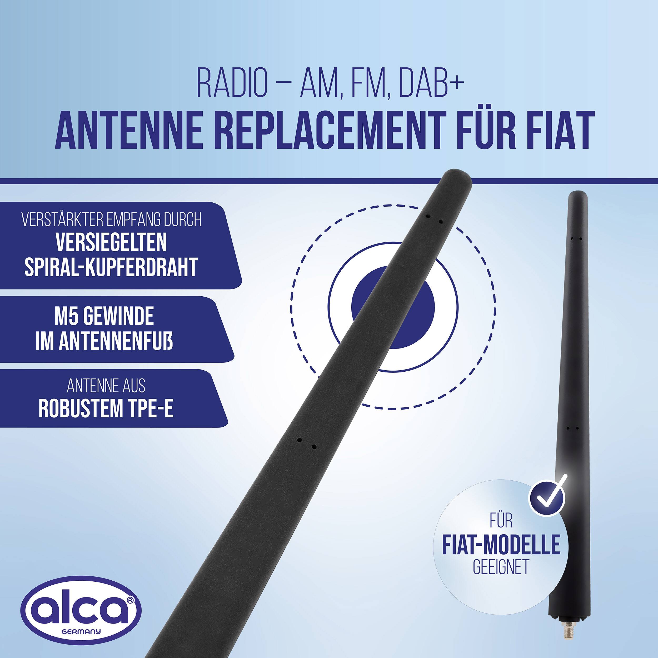 Antennenaustausch für Fiat mit AM-, FM- und DAB+-Radiounterstützung; zeigt zwei schwarze Antennenoptionen und Funktionen: versiegelte spiralförmige Kupferdraht, M5-Gewinde, langlebares TPE-E, geeignet für Fiat-Modelle.