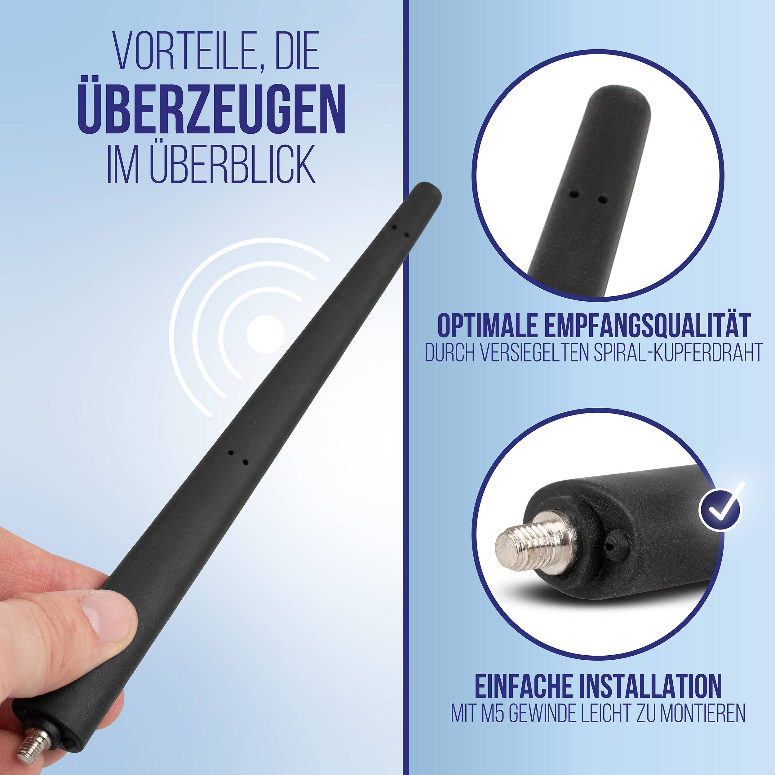 Infografik einer schwarzen Antenne mit Vorteilen: „Vorteile, die überzeugen im Überblick