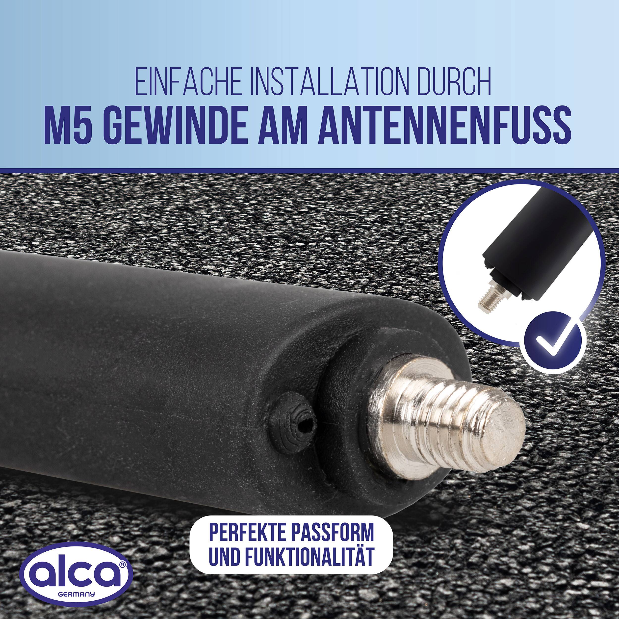 Schwarze Antennenbasis mit Metall-M5-Gewinde, dargestellt als einfache Montage und perfekte Passform; deutscher Text bewirbt 