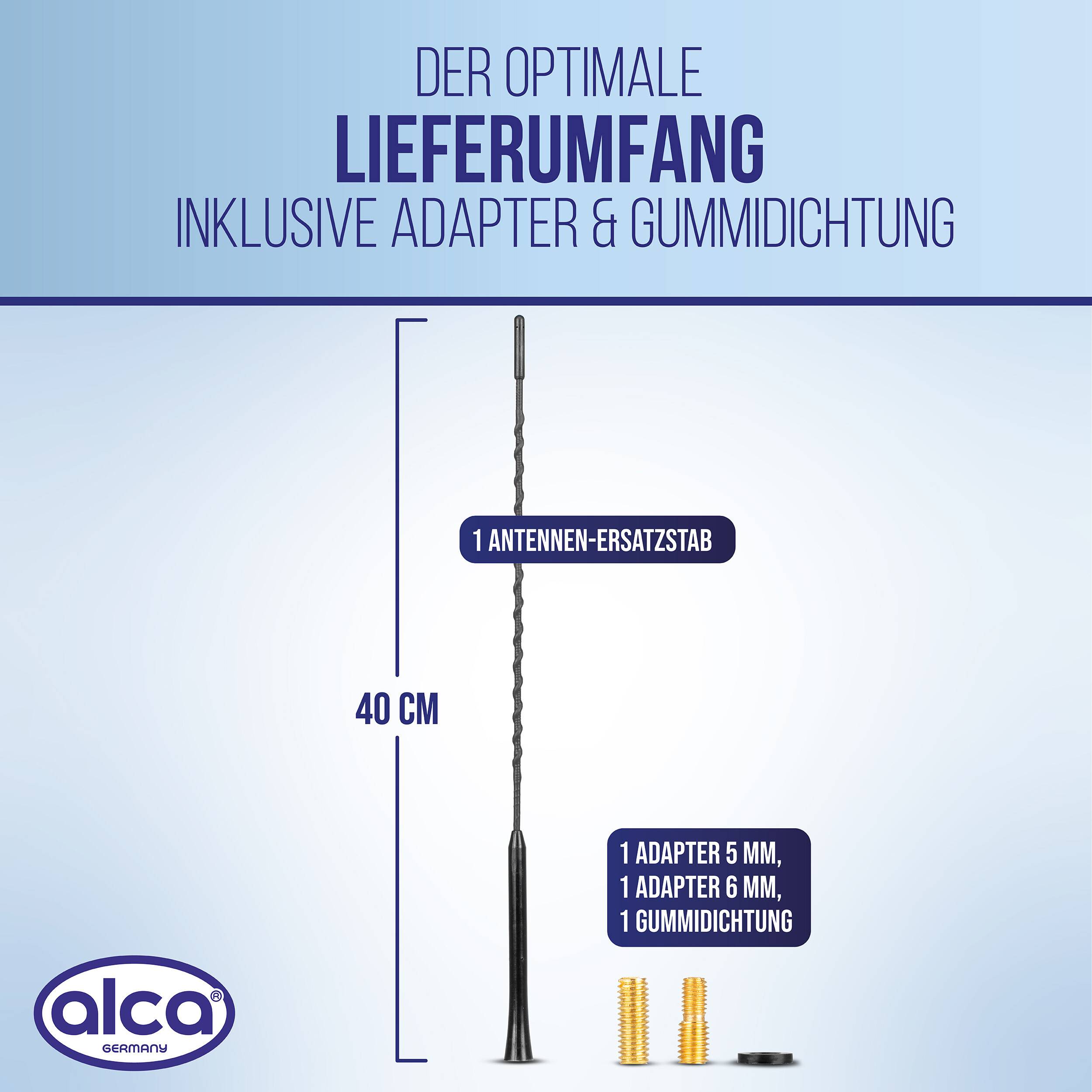 Diagramm mit den enthaltenen Teilen für eine Ersatzantenne: eine 40 cm Antennenstange, ein 5 mm Adapter, ein 6 mm Adapter und eine Gummidichtung.