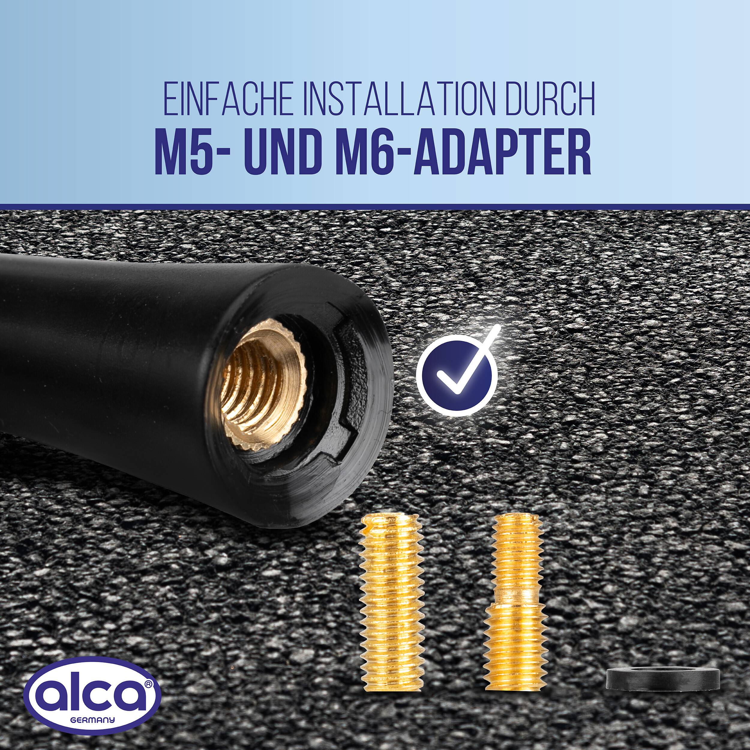 Produktbild zeigt einfache Installation mit M5 und M6 Adaptern; ein schwarzes Teil mit Gewindeeinsatz, Häkchen und zwei goldfarbene Schraubenadapter.