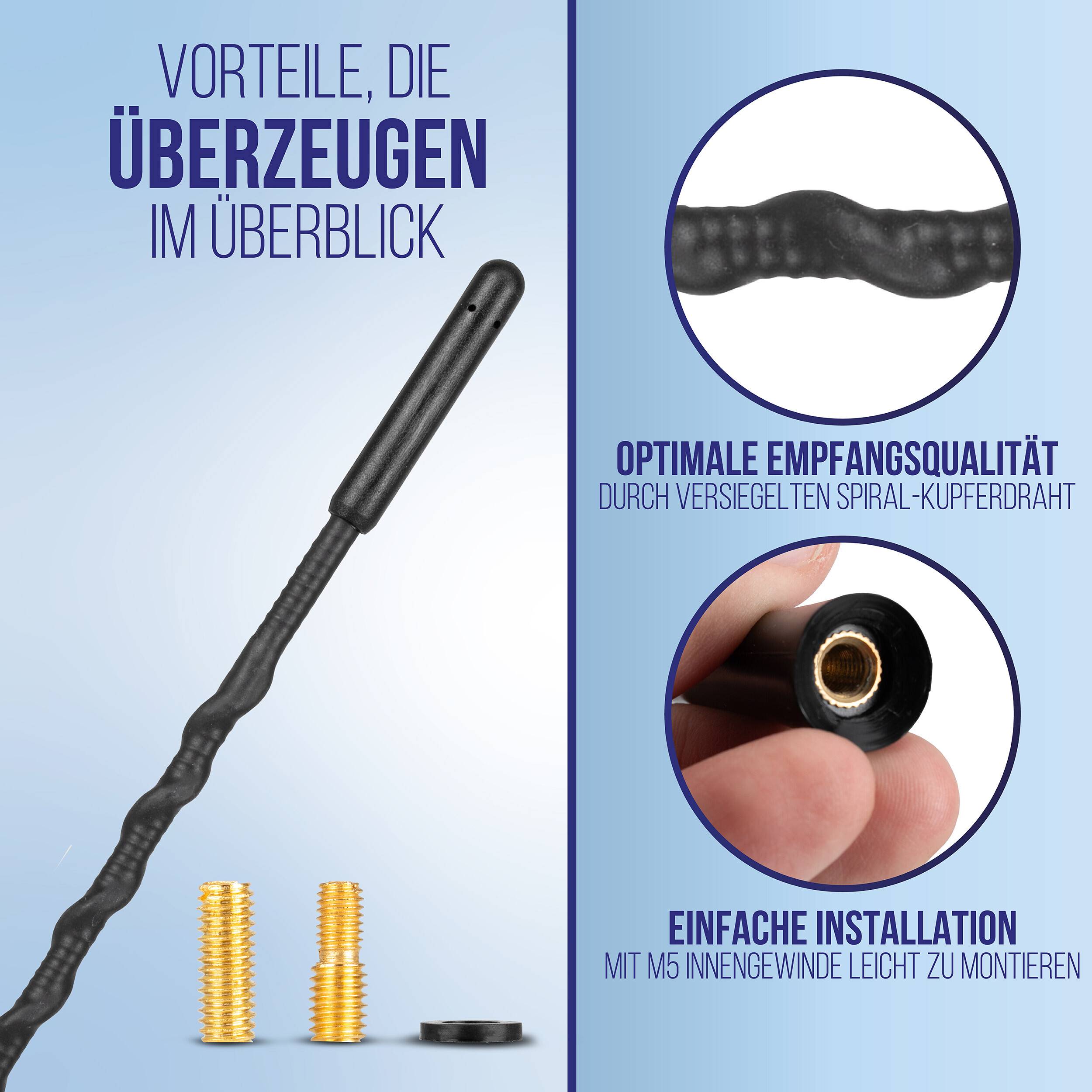 Infografik einer schwarzen Antenne mit Leistungsmerkmalen: optimaler Empfang durch versiegelten spiralförmigen Kupferdraht und einfache M5-Gewindebefestigung, mit Detailkreisen in Nahaufnahme.