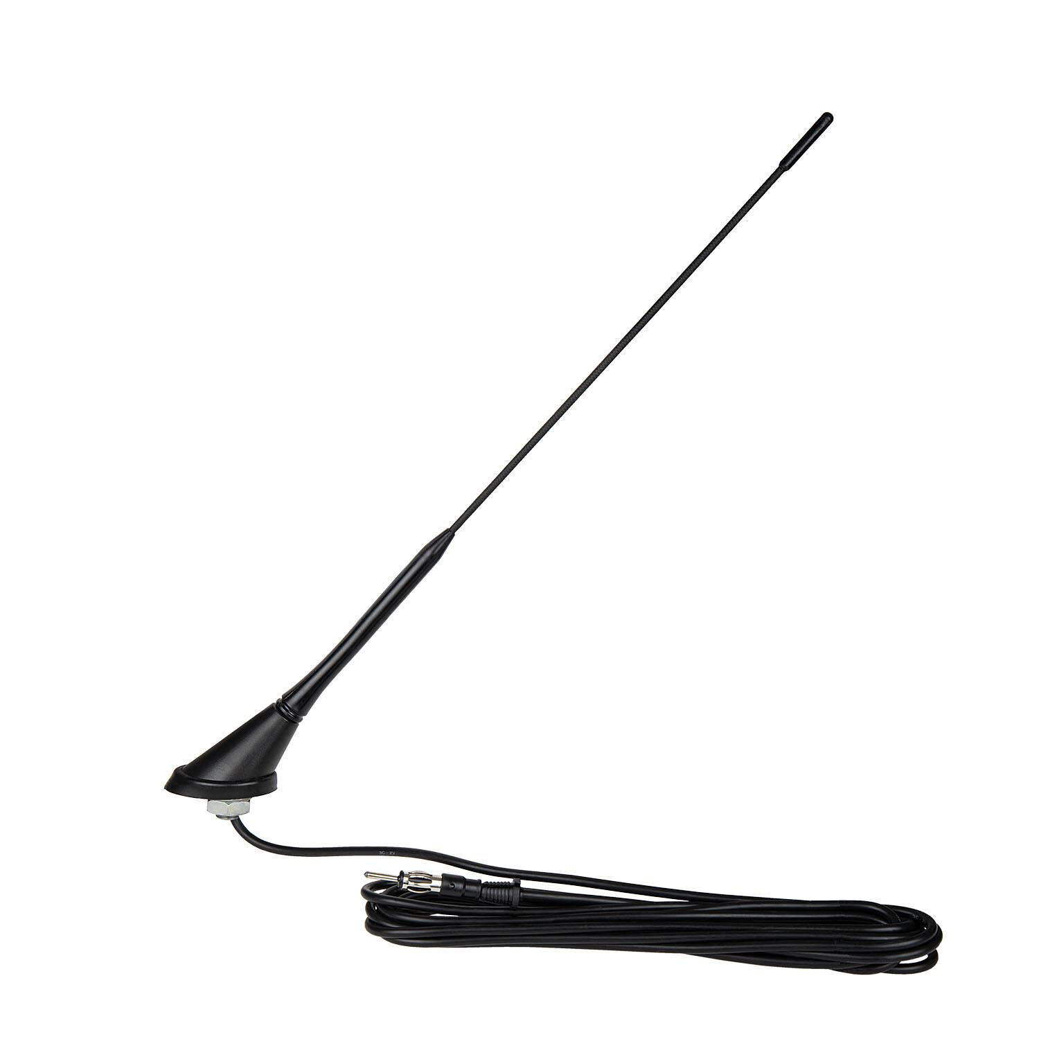 Eine schwarze Autoantennenspitze mit einem langen, schlanken Stab und angeschlossenem Kabel, entwickelt für den Fahrzeugradioempfang, vor einem schlichten weißen Hintergrund.