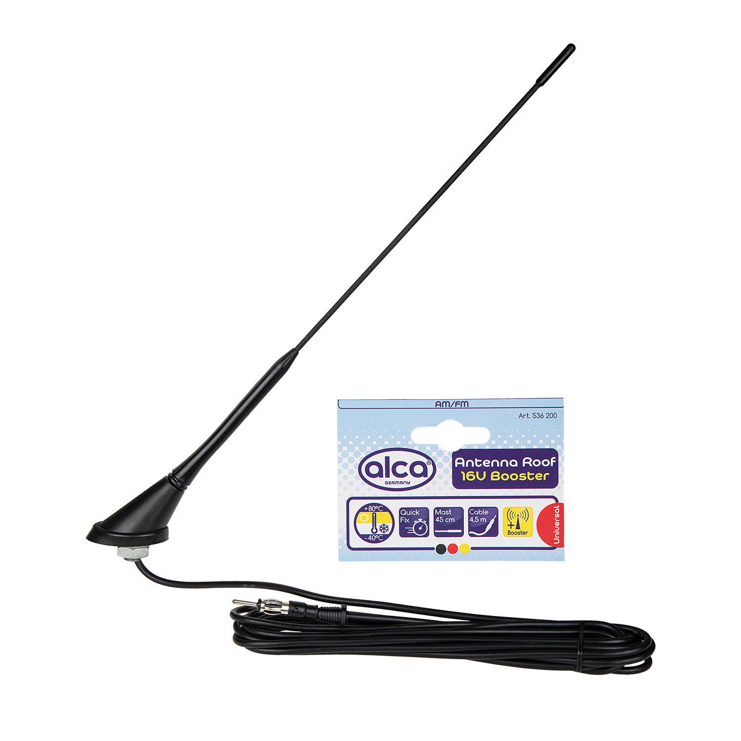 Eine Dachantenne für Autos mit einem langen schwarzen Stab und angeschlossenem Kabel, neben ihrer Verpackungsschachtel mit der Aufschrift „alca Antenna Roof 16V Booster