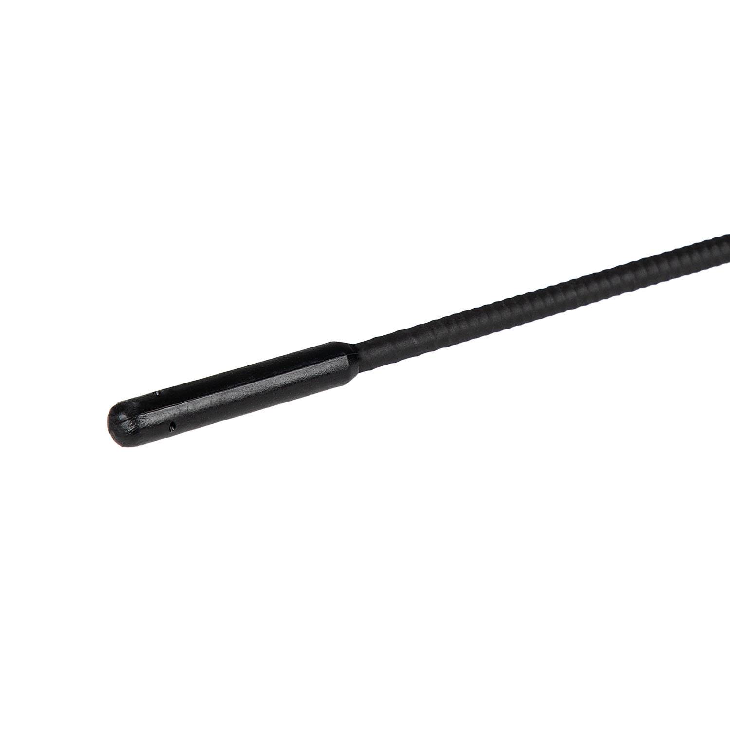 Ein schwarzes, zylindrisches Antennen- oder stabartiges Objekt mit strukturierter Oberfläche und abgerundeter Spitze, horizontal auf weißem Hintergrund positioniert.