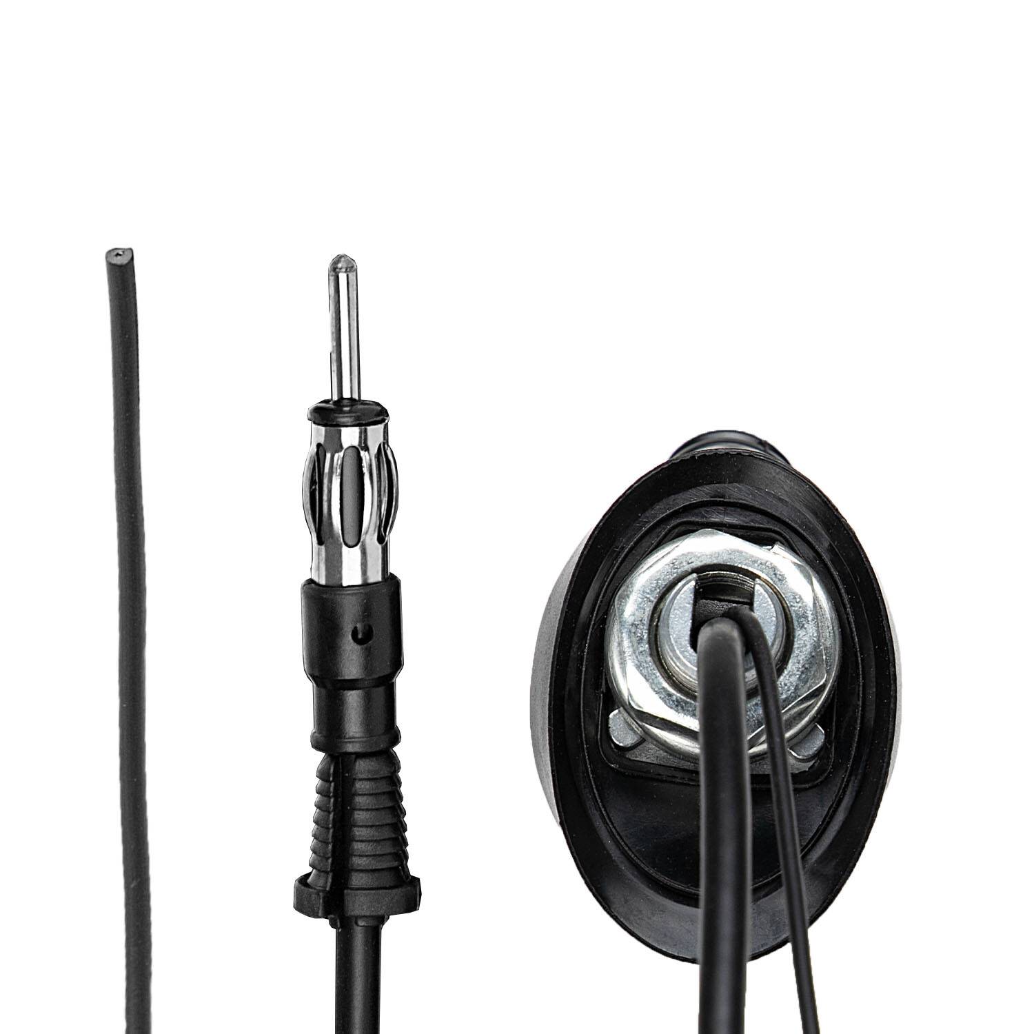 Autoradioantenne und Basis mit einem langen Metallstab und kreisförmiger Befestigungskomponente, die zum Empfang von Fahrzeugradiosignalen verwendet wird.