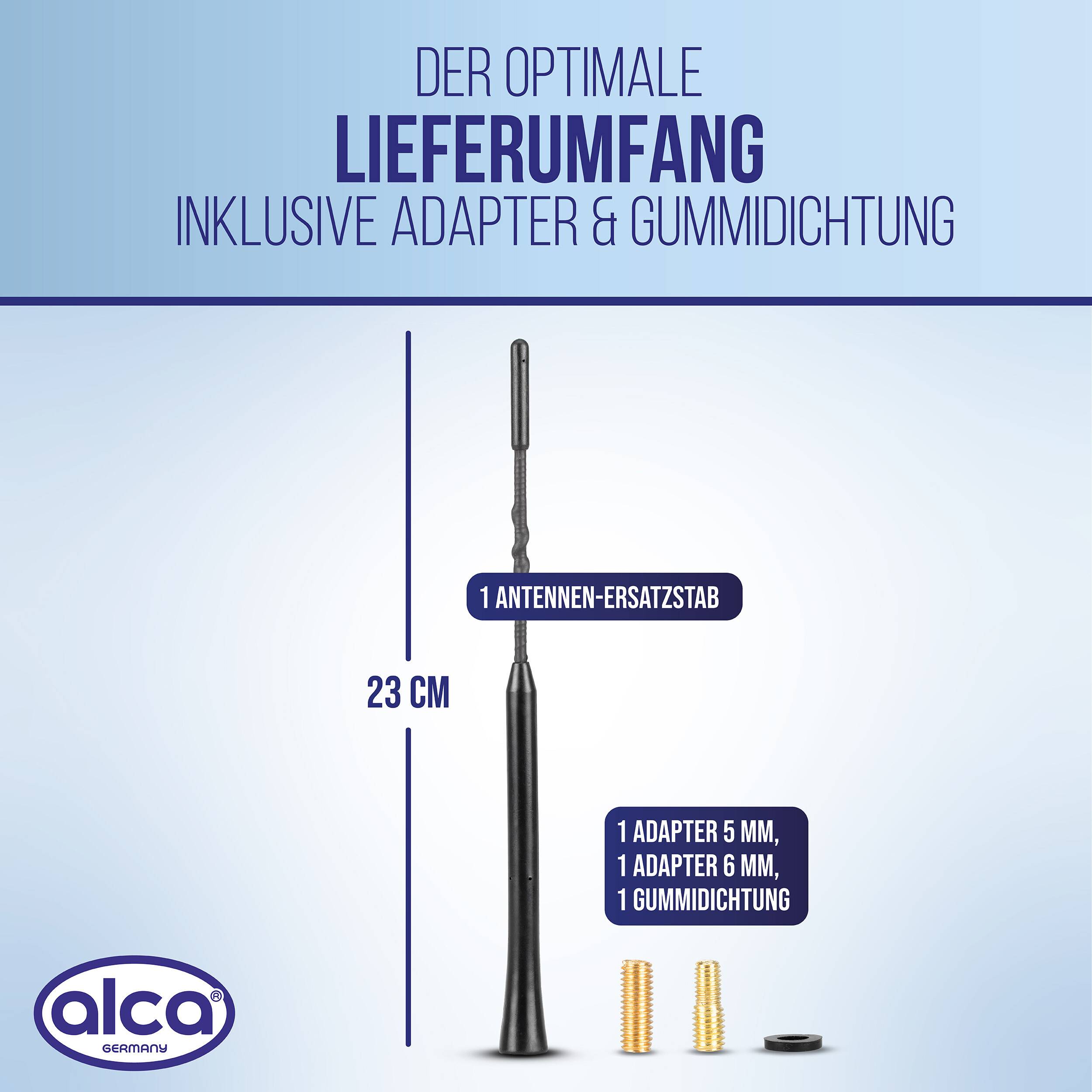 Produktpaketinhalt für eine Antenne: einen 23 cm Ersatzstab, 5 mm Adapter, 6 mm Adapter und Gummidichtung.