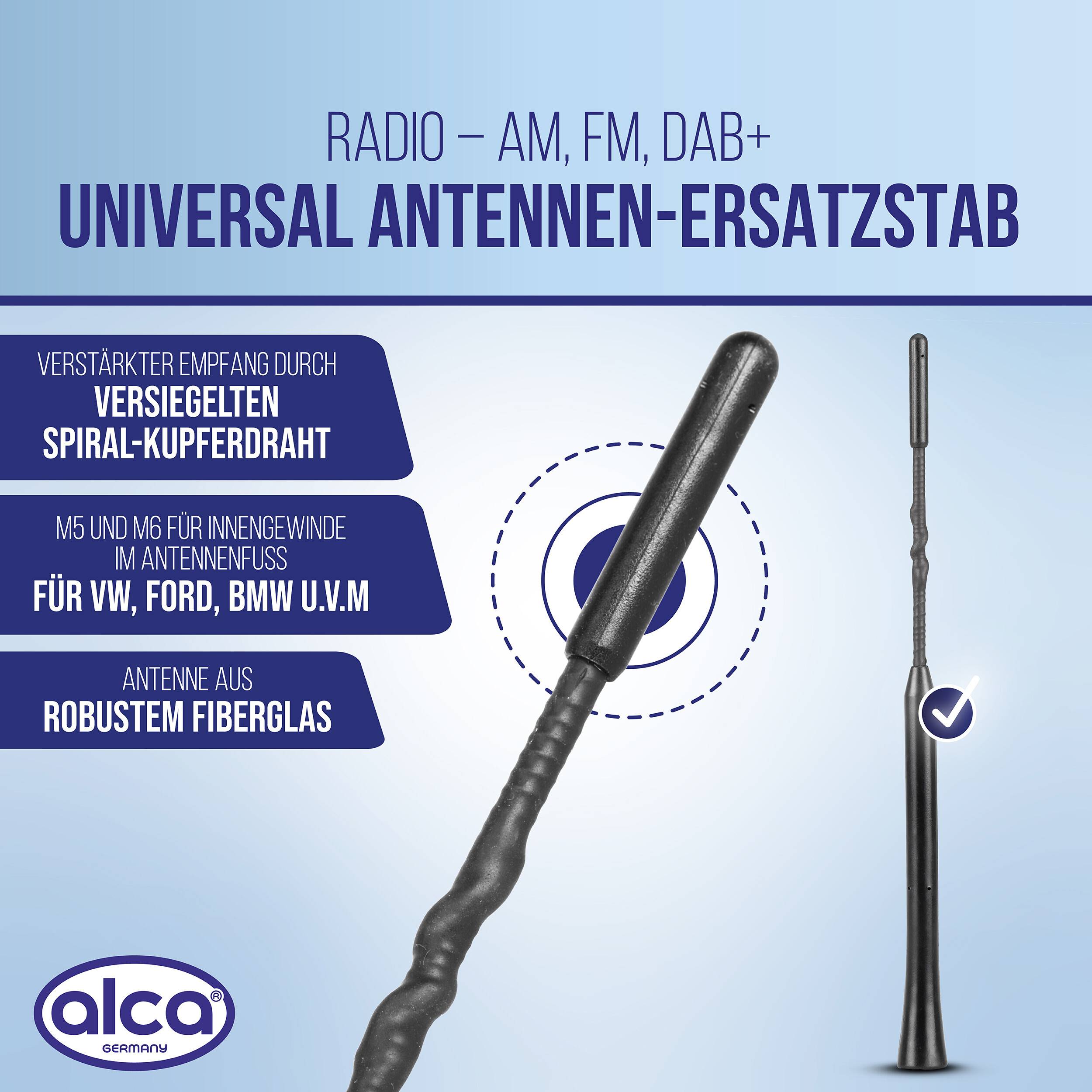 alca® Auto-Dachantenne 23 cm AM/FM, schwarz, inkl. M5 M6 Adapter kurze Spiralantenne, Ersatzstab aus Fiberglas