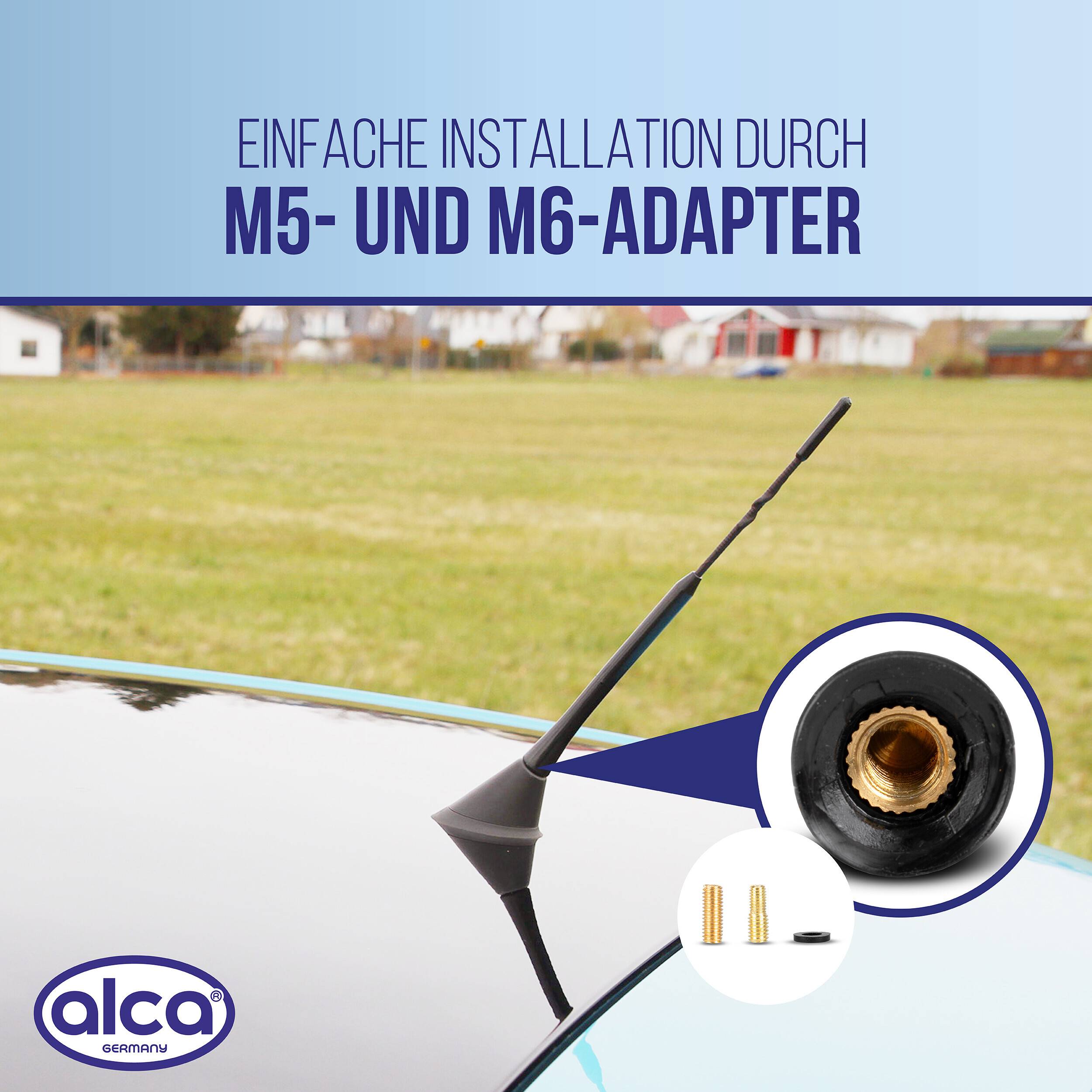Werbegrafik zeigt eine Autoantenneninstallation mit M5- und M6-Adaptern; deutscher Text besagt „Einfache Installation durch M5- und M6-Adapter