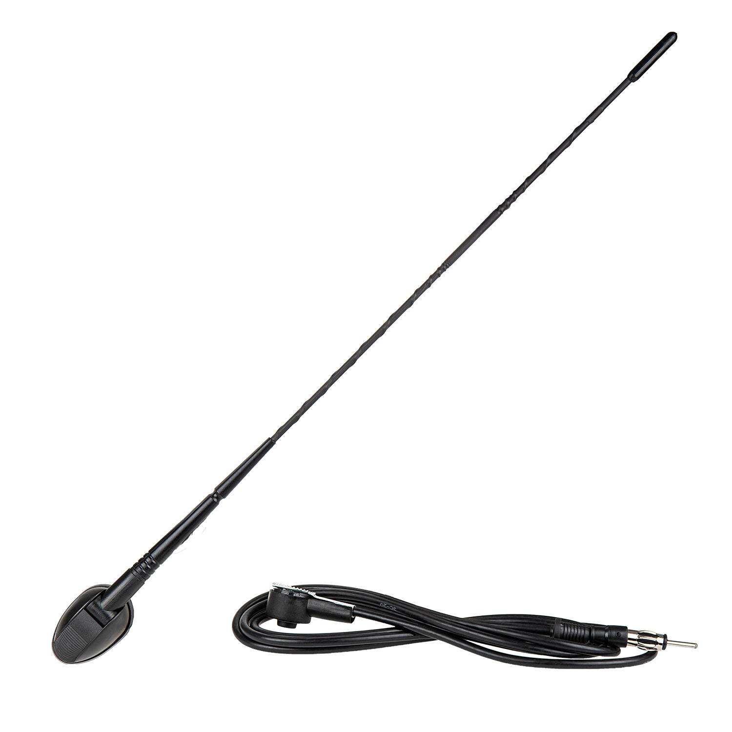 Eine schwarze Autoantenneantenne mit einem langen, flexiblen Stab und einem angeschlossenen Kabel, das zur Verbesserung des Radioempfangs verwendet wird.