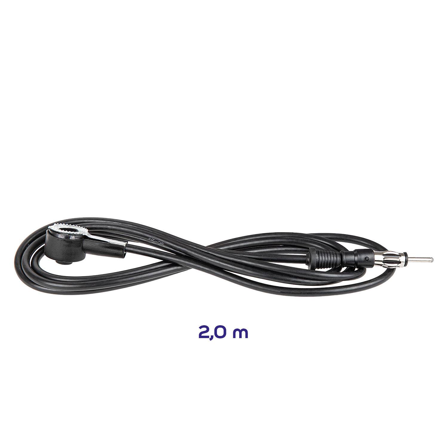 Ein aufgewickeltes schwarzes Verlängerungskabel, 2,0 Meter lang, mit einem aufschraubbaren Stecker an einem Ende und einem Stecker am anderen Ende.