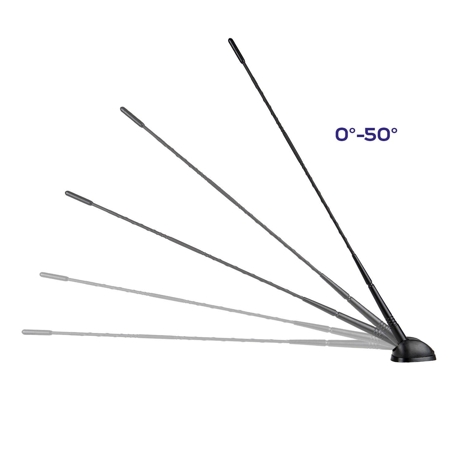 Eine schwarze Antenne wird gezeigt, die sich in Winkeln von 0° bis 50° neigt und ihre einstellbare Flexibilität demonstriert.