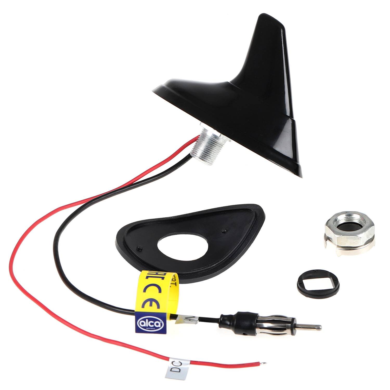 Eine schwarze Haifischflossen-Antenne mit Verbindungskabeln und Montagezubehör, einschließlich Schraubenmutter, Dichtung und Steckerverbindung.