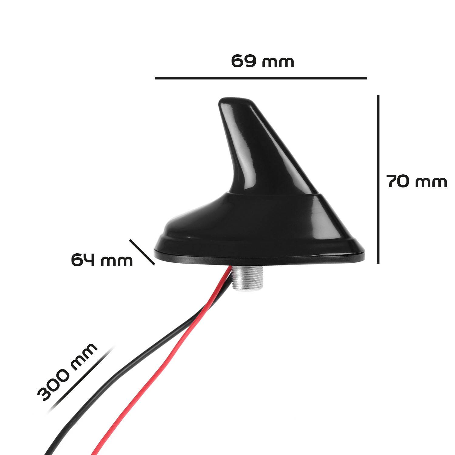 Hai-Flosse-Antenne mit Abmessungen: 69 mm Länge, 70 mm Höhe und 64 mm Breite. Drahtlänge beträgt 300 mm.
