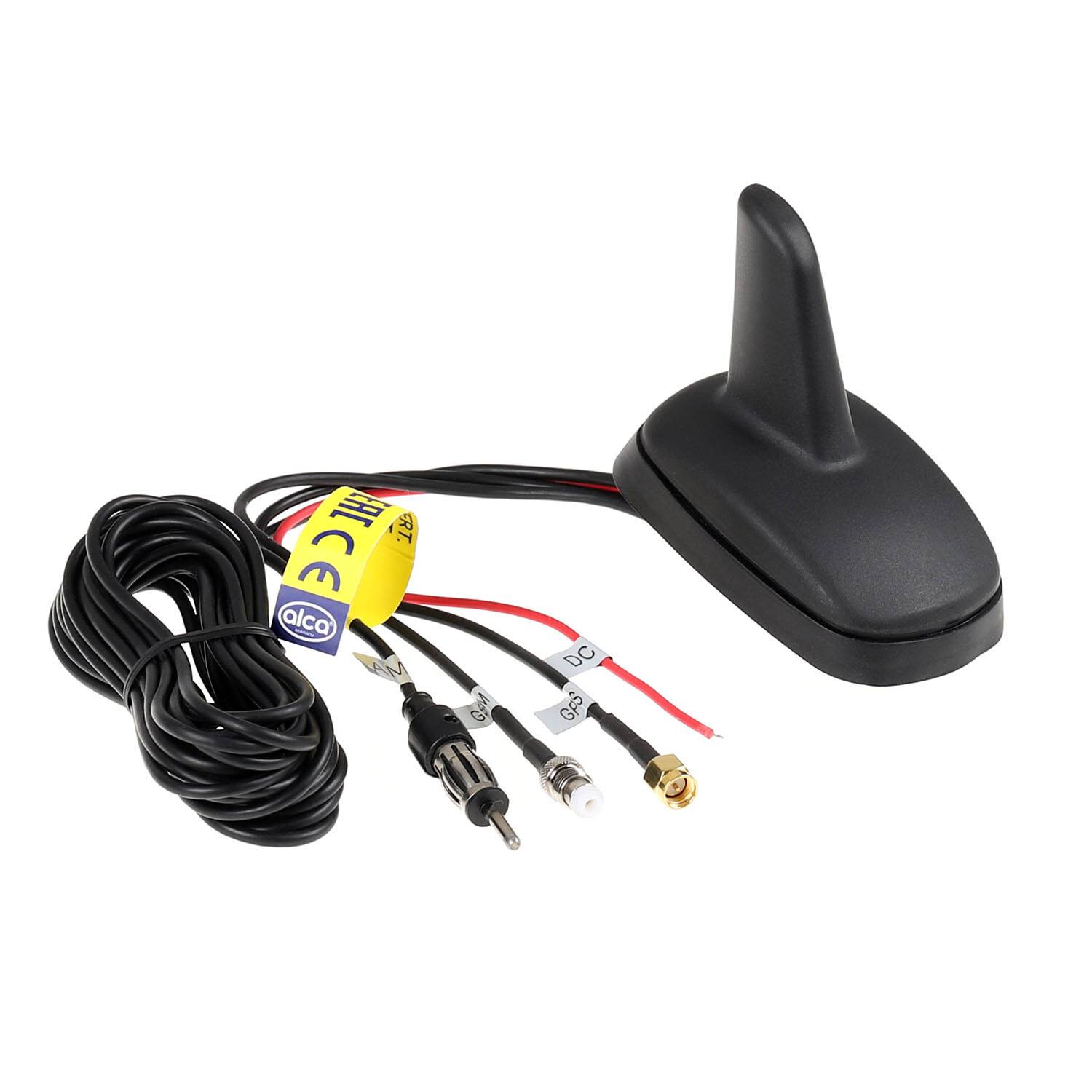 Eine schwarze Haifischflossenautoantenae mit angebrachten Kabeln mit Steckverbindern für Radio- und GPS-Funktionalität.