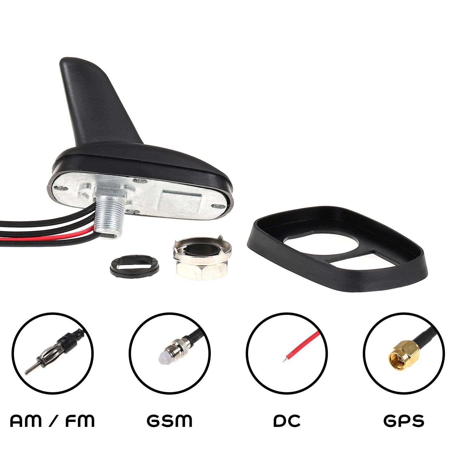 Universelle Auto-Hai-Finnen-Antenne mit AM/FM-, GSM-, DC- und GPS-Anschlüssen, gezeigt mit Montagezubehör und beschrifteten Verbindungsoptionen.