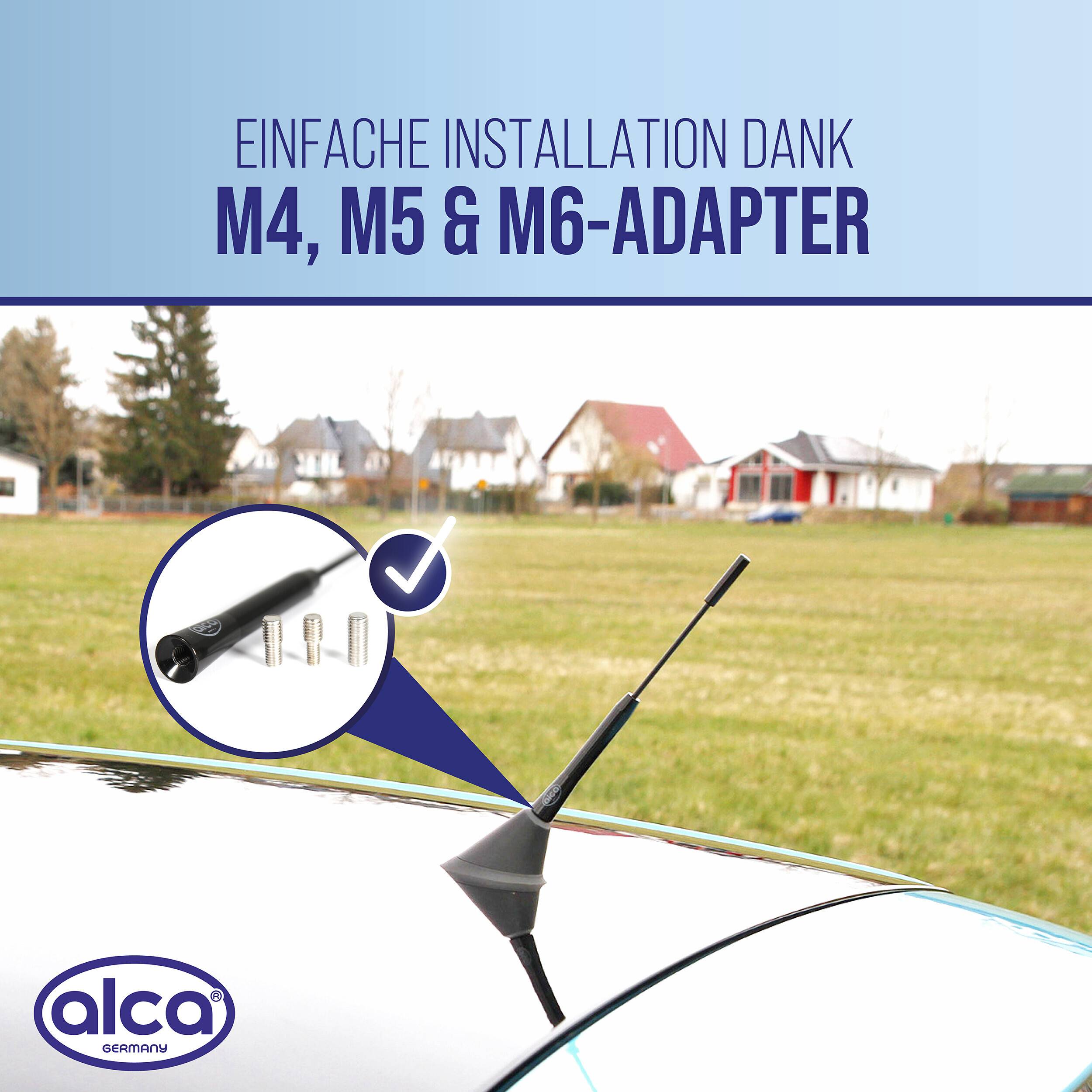 Alca Autoantennen mit M4, M5 und M6 Adapter; deutscher Text sagt „einfache Installation