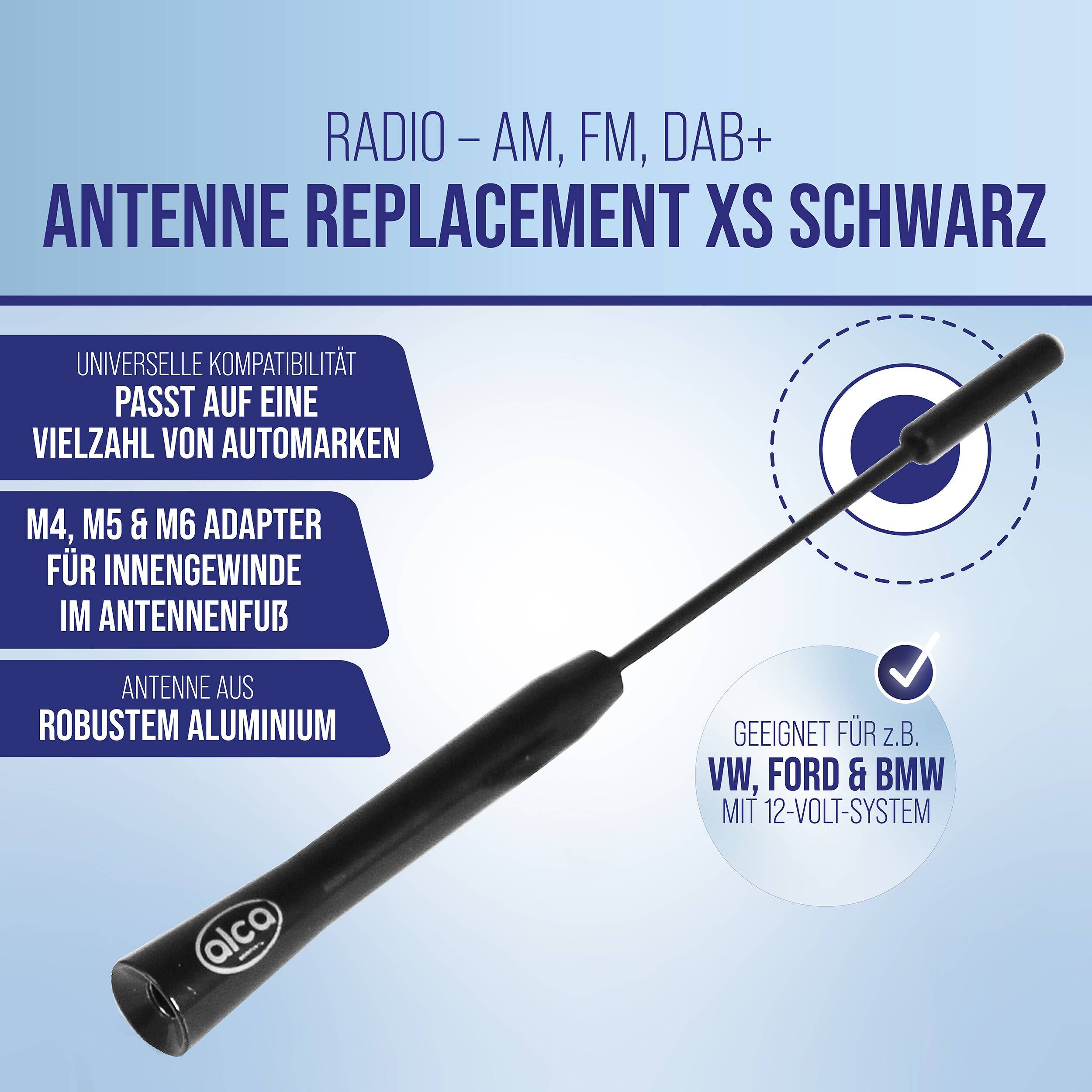 Werbegrafik für einen schwarzen Radioantennen-Ersatz XS, mit Kompatibilität für AM, FM und DAB+, M4/M5/M6-Adapter und Verwendung in 12-Volt-Systemen von VW, Ford und BMW.