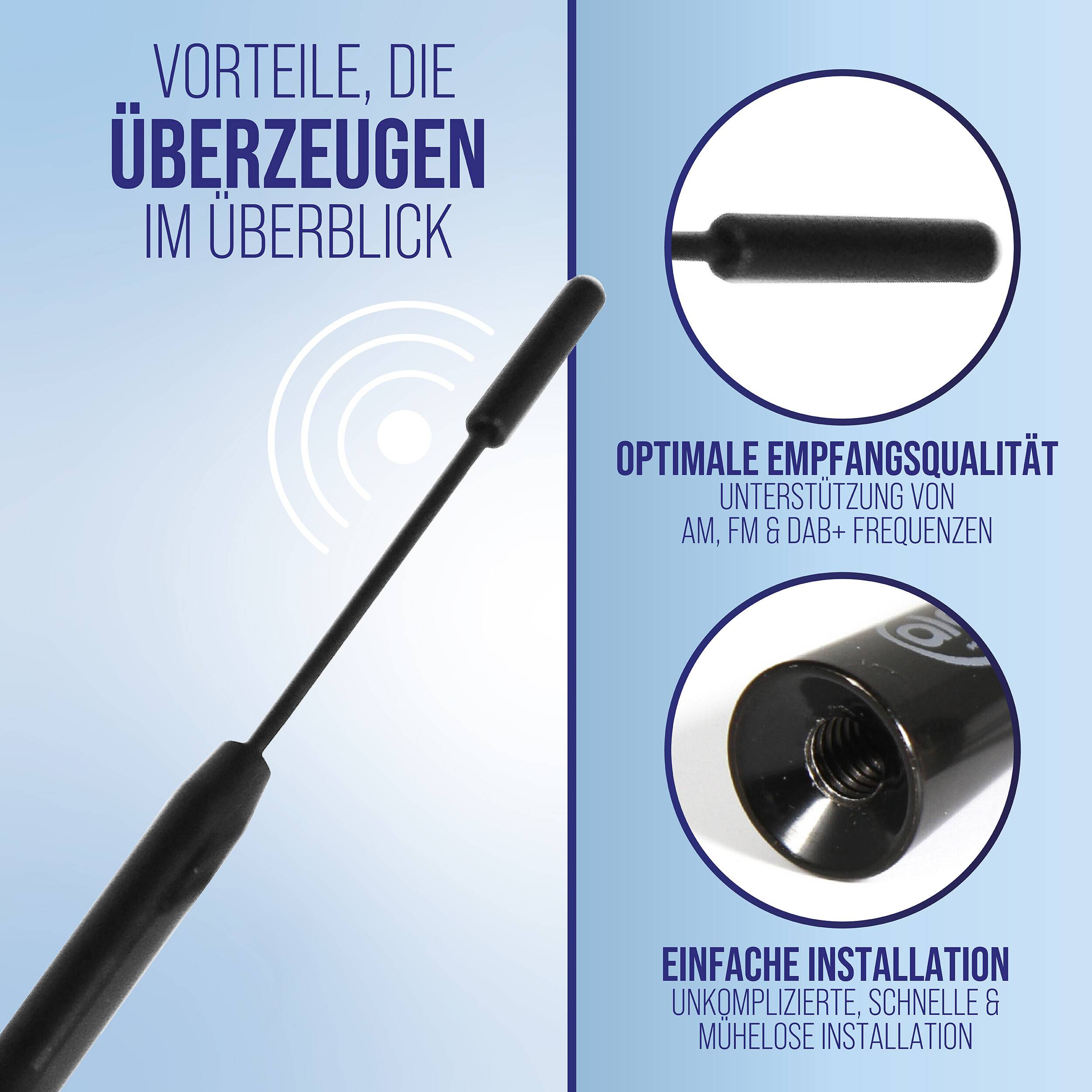 Infografik einer Radioantenne mit Vorteilen: „Vorteile, die überzeugen im Überblick