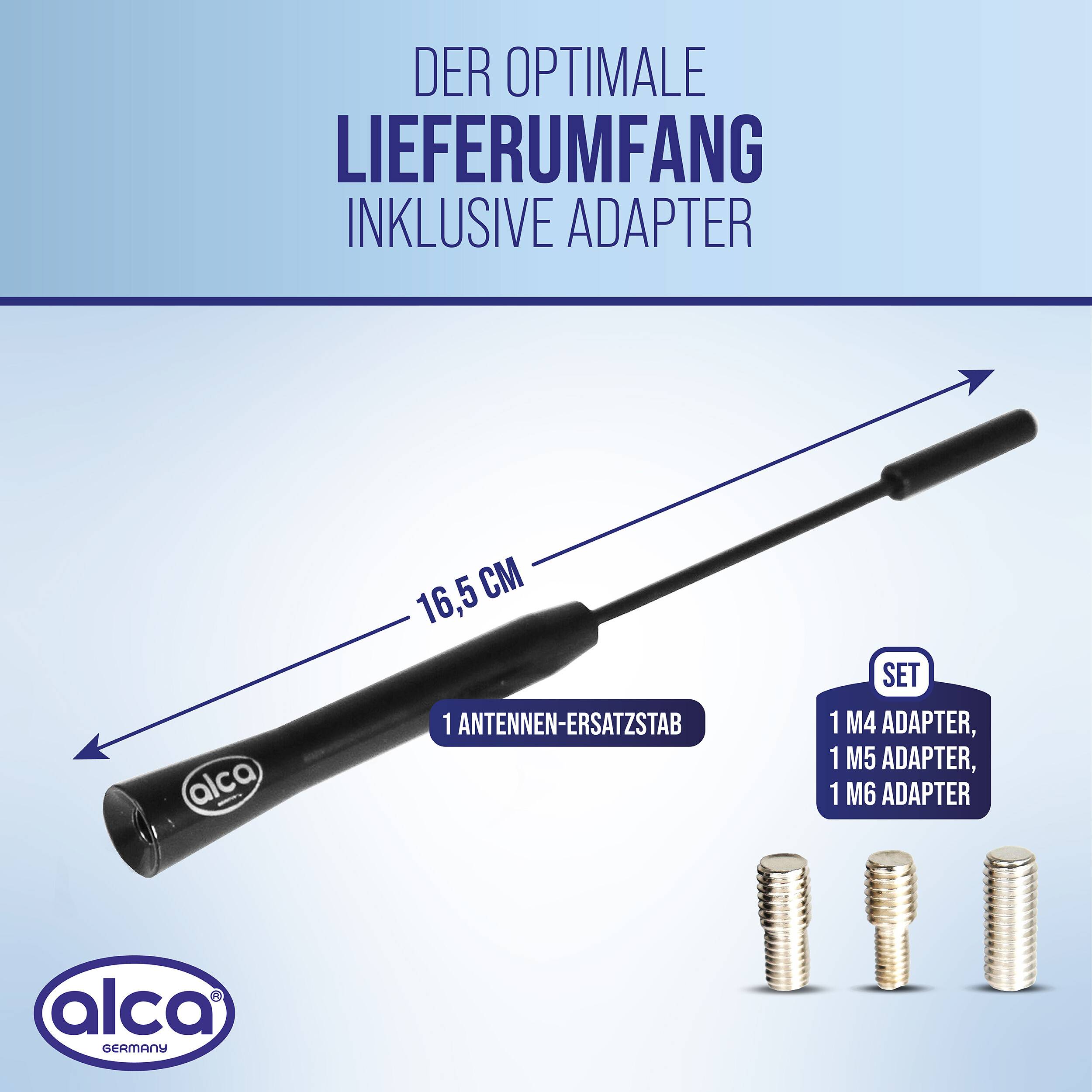 Produktgrafik mit dem optimalen Lieferumfang: ein 16,5 cm Antennenaustauschstab und drei Adapter, gekennzeichnet mit M4, M5 und M6.