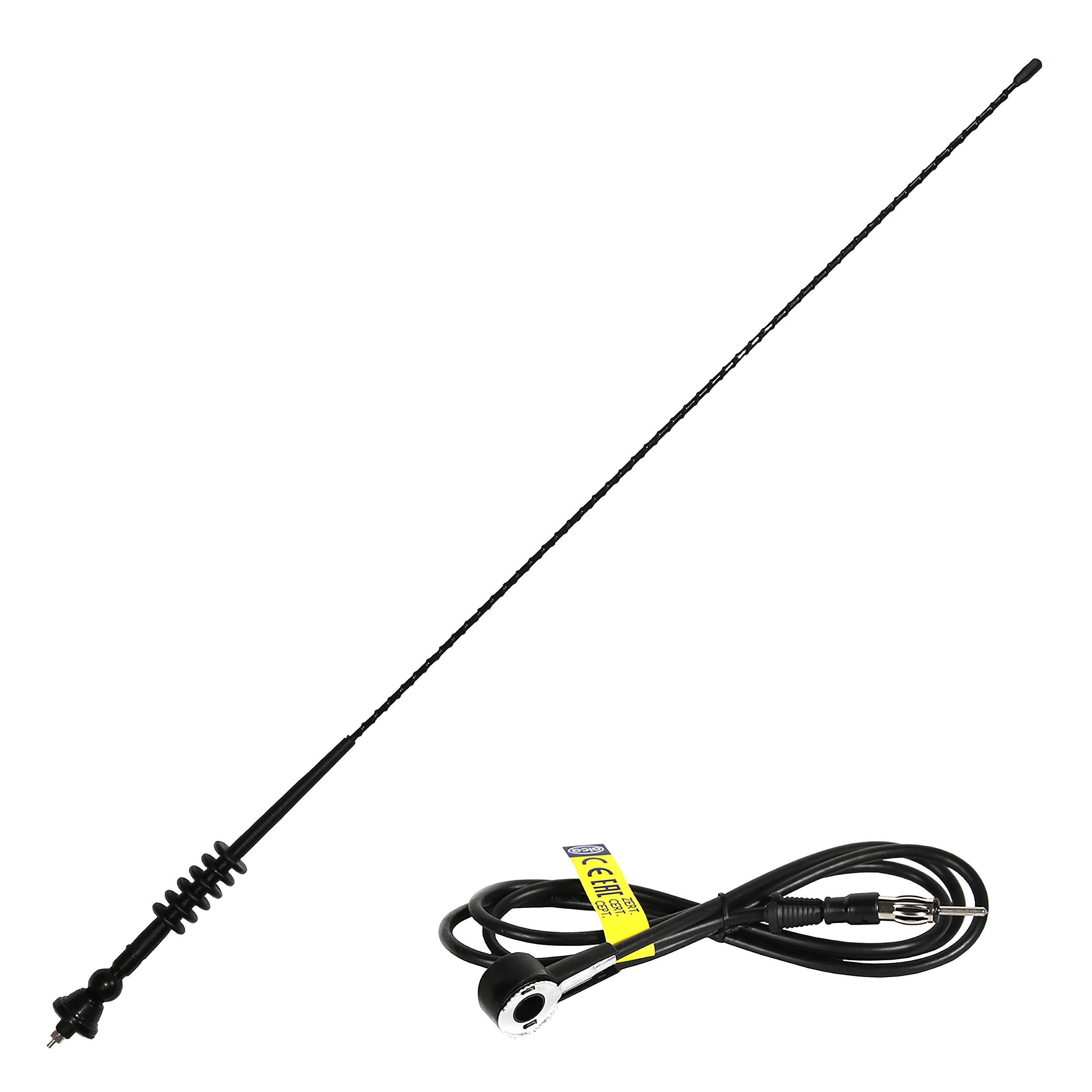 Schwarze Funkantenne mit Spulenfedersockel und Kabelverbinder, entworfen für die Fahzeuginstallation, betont Flexibilität und Haltbarkeit.
