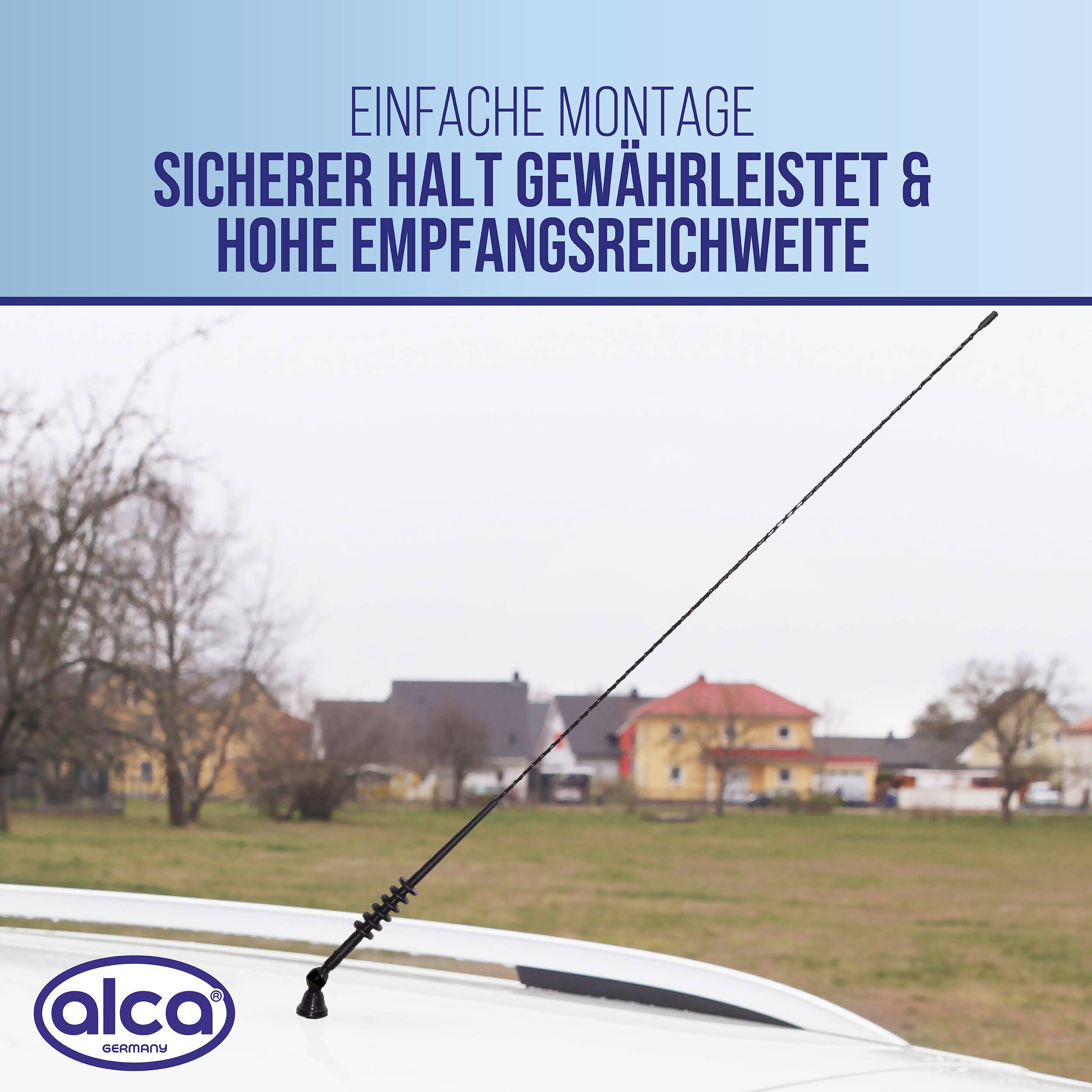 Außenautoantennen auf einem Fahrzeugdach mit deutschem Text „EINFACHE MONTAGE SICHERER HALT GEWÄHRLEISTET & HOHE EMPFANGSREICHWEITE