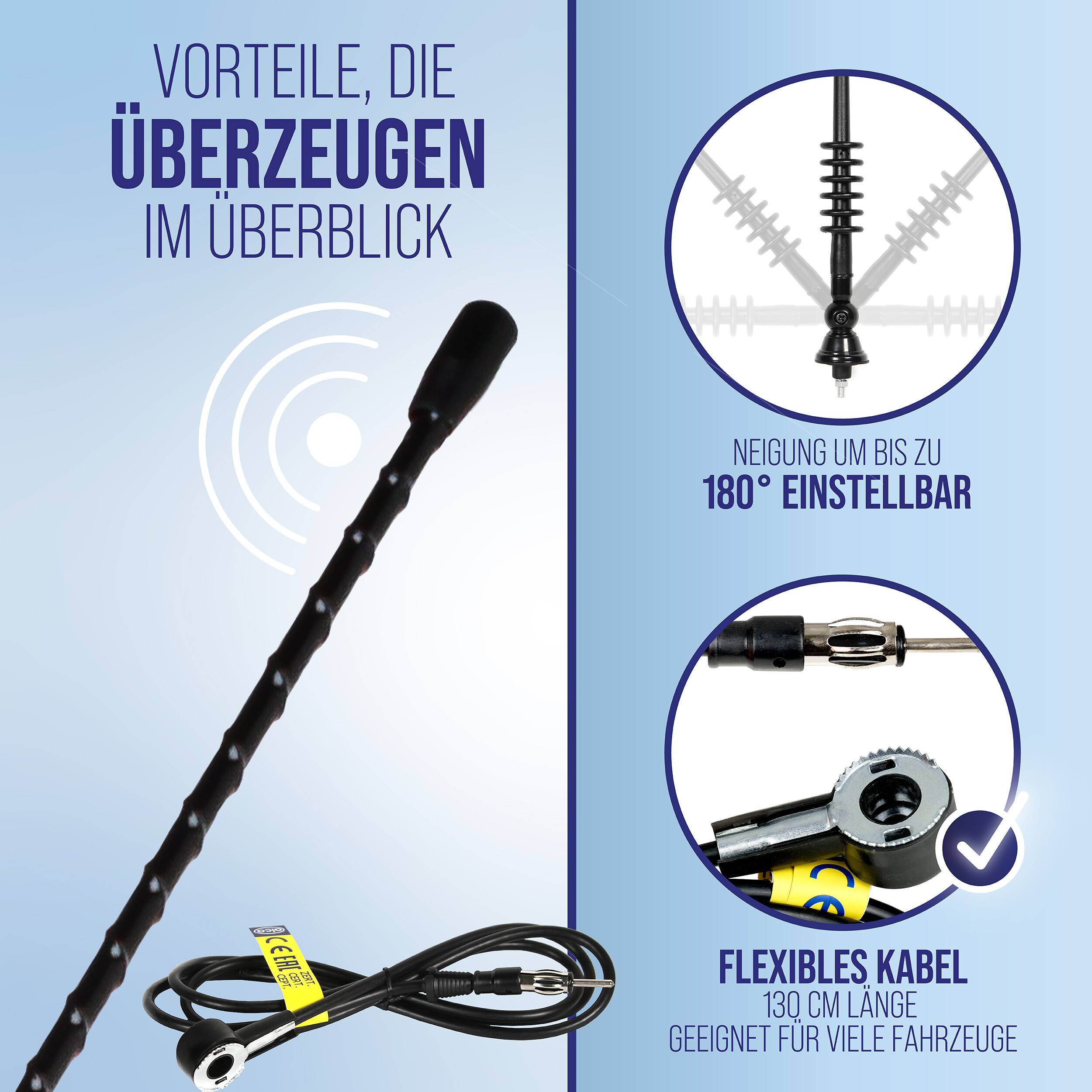 alca® Dachantenne aus Fiberglas 80 cm mit DIN-Stecker für AM/FM Autoradio Bis 180° schwenkbarer Gelenkfuß, M5-Gewinde,