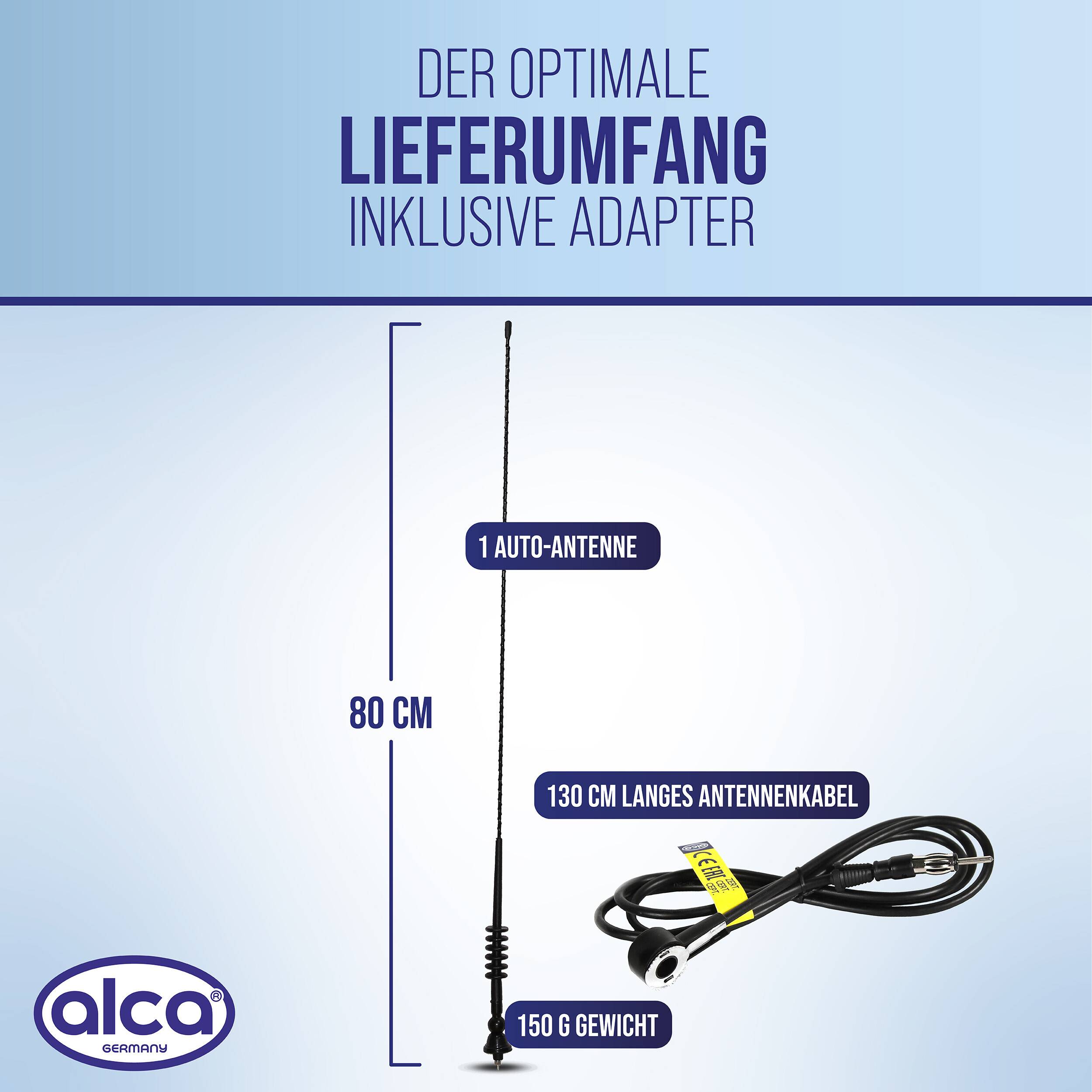 Deutsches Produktgrafik, die den optimalen Lieferumfang einschließlich Adapter zeigt: 1 Autoantennen, 130 cm Antennenkabel und 150 g Gewicht, mit 80 cm Höhe.