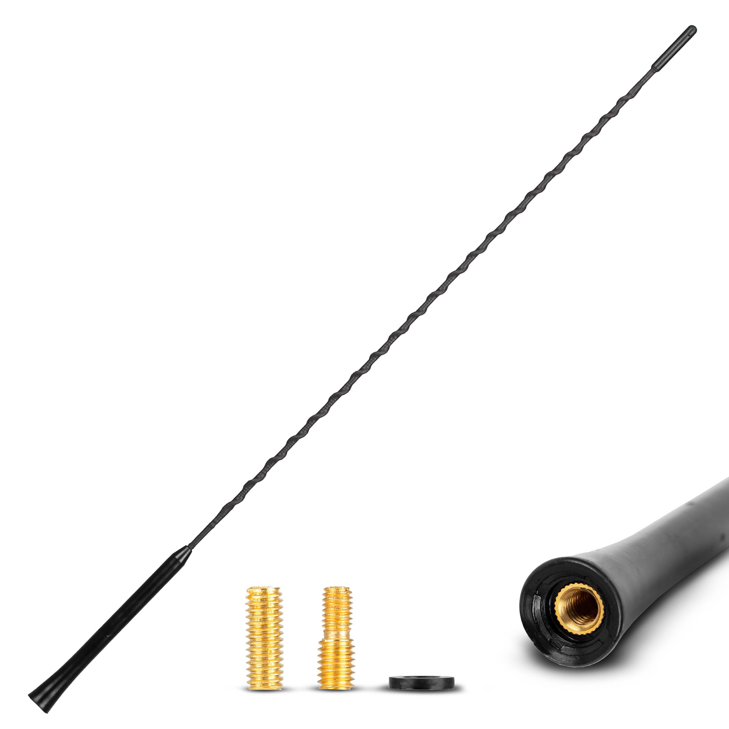 Eine lange, flexible Autoantennenantennennantennen mit zwei goldfarbenen Adapterschrauben und einer Basisabdeckung, angezeigt auf weißem Hintergrund.